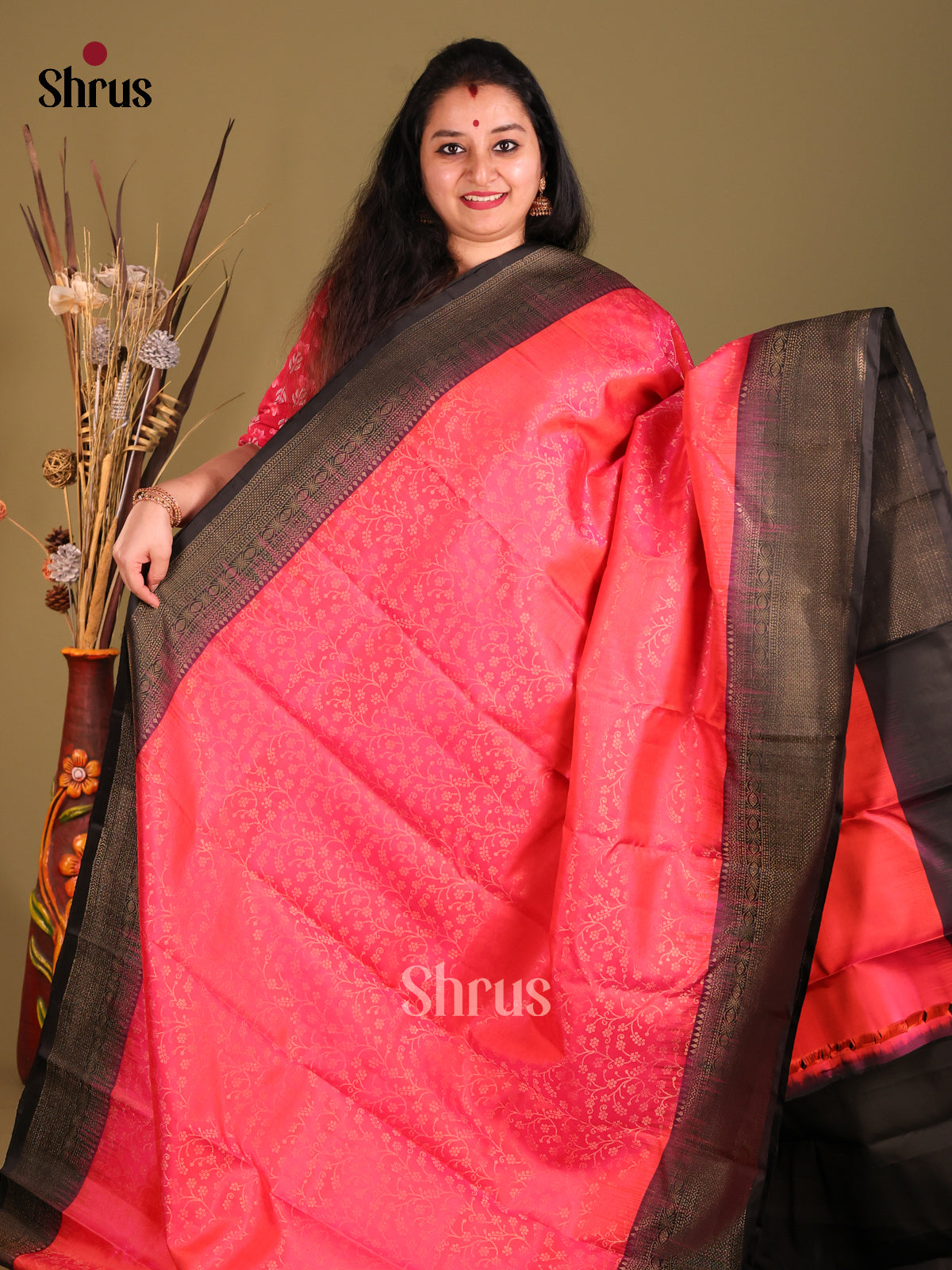 Pink & Black Soft Silk Saree with zari floral nestling brocade - Shop on Shrus.com
