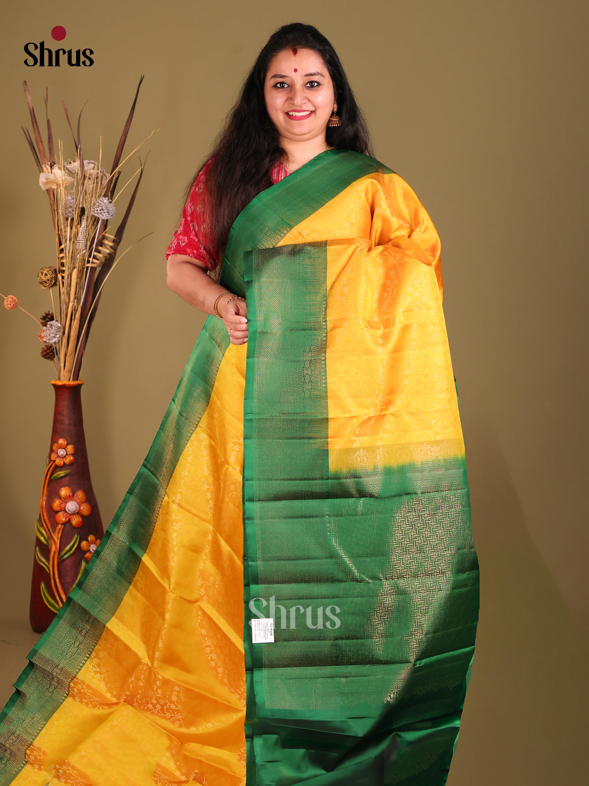 Yellow & Green Soft Silk Saree with gold zari floral nestling brocade-1