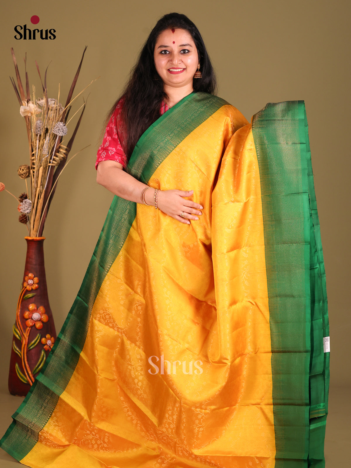 Yellow & Green Soft Silk Saree with gold zari floral nestling brocade-2