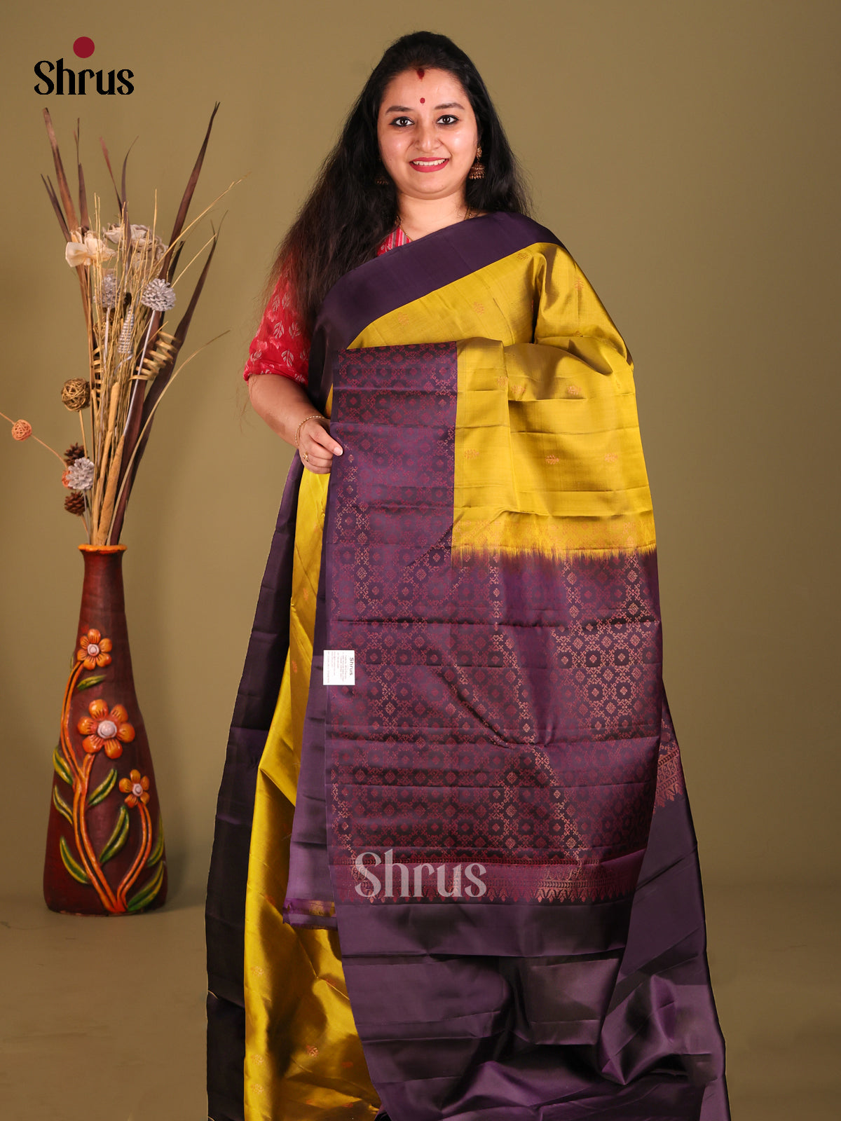 Mustardy Green & Violet Soft Silk Saree gleams with gold zari buttas-1