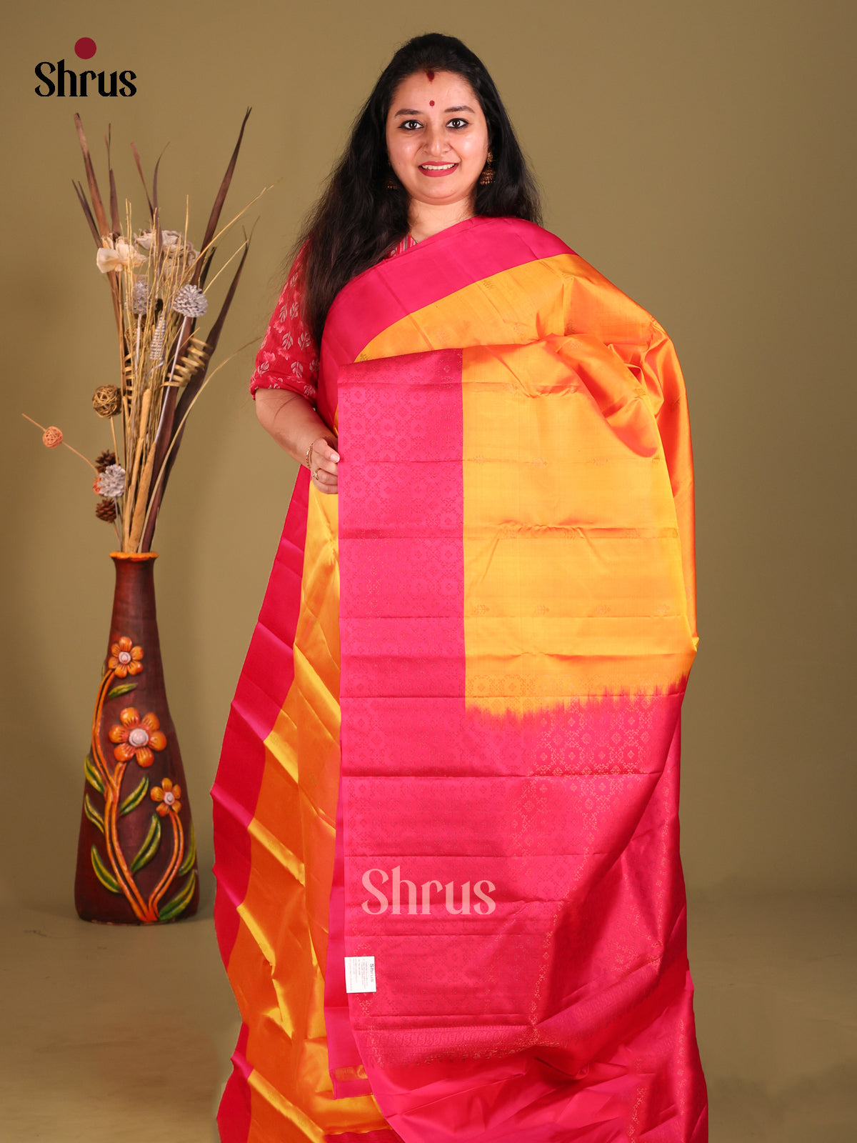 Mustard & Maroon Soft Silk Sareeglrams with gold zari buttas-1