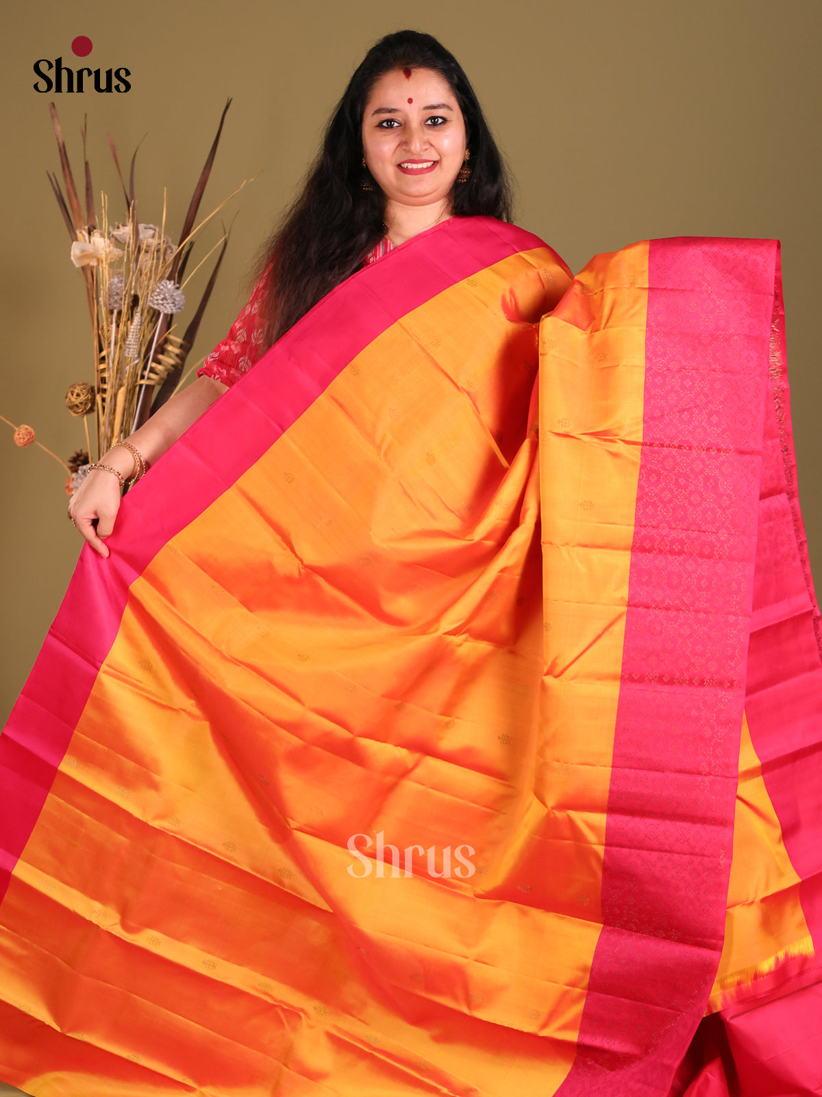 Mustard & Maroon Soft Silk Sareeglrams with gold zari buttas-2