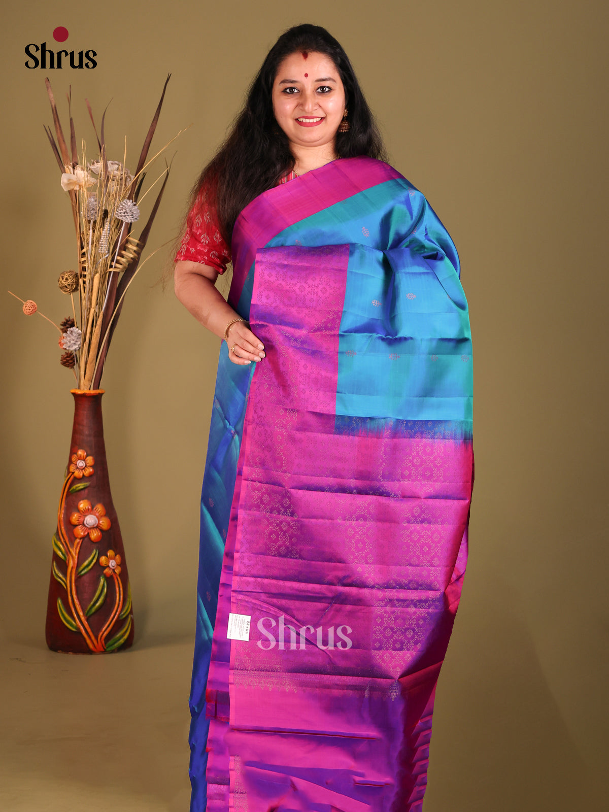 Blue & Magenta Soft Silk Saree with gold zari buttas-1