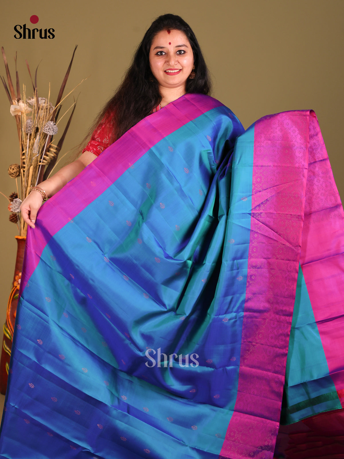 Blue & Magenta Soft Silk Saree with gold zari buttas-2