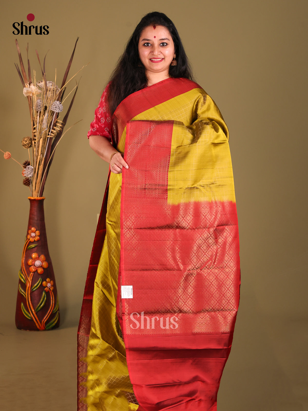 Mustardy Green & Maroon Soft Silk Saree with zari checks-1