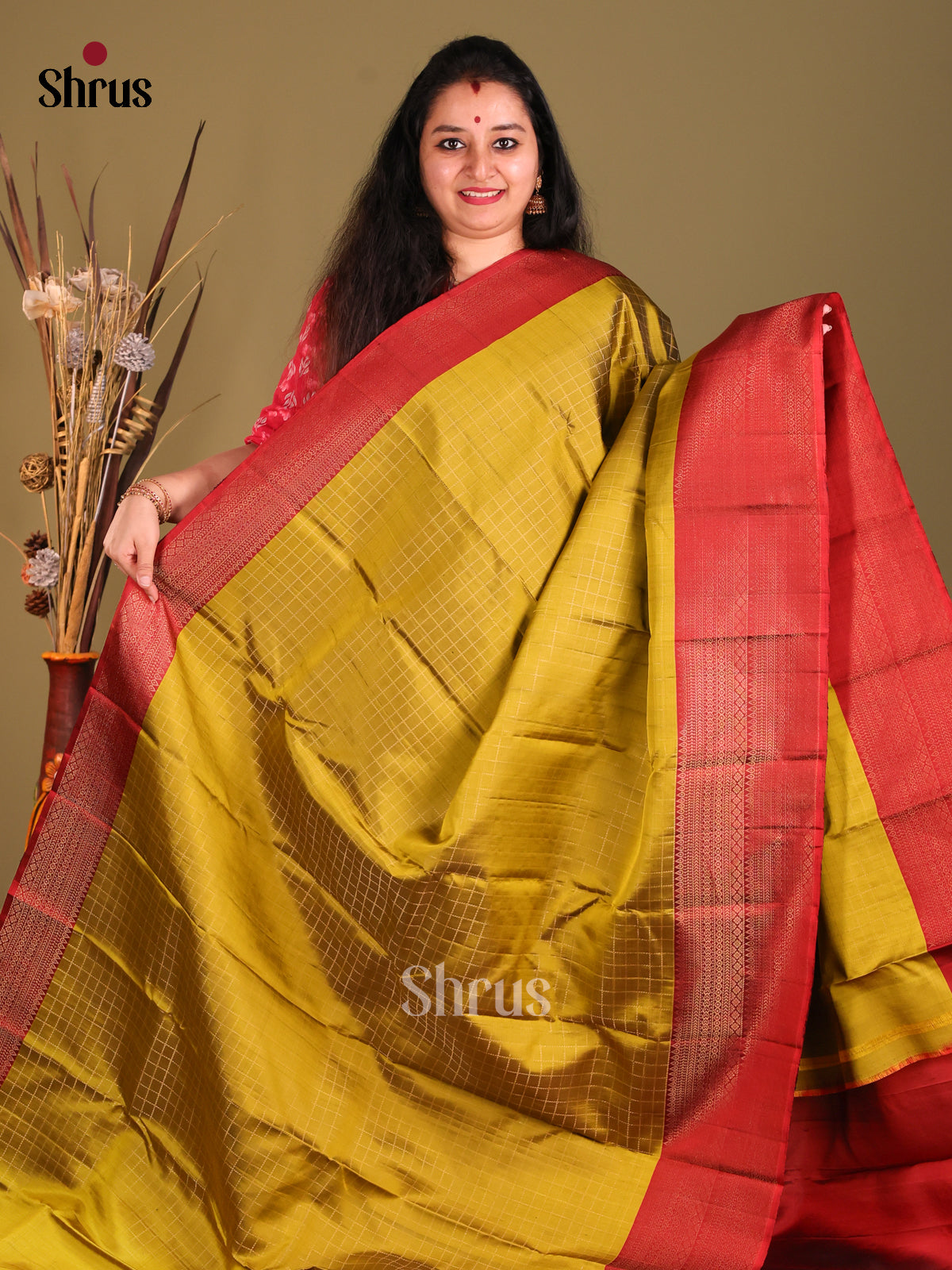 Mustardy Green & Maroon Soft Silk Saree with zari checks-2