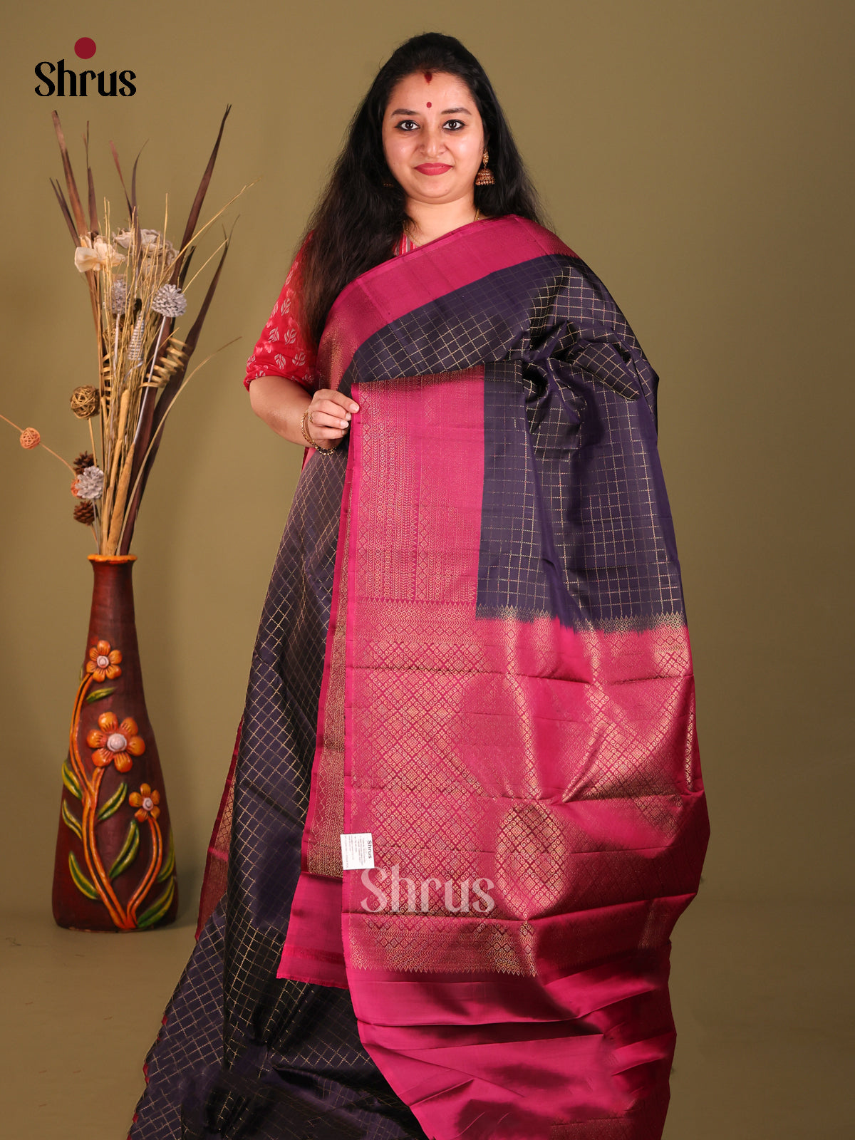 Blue & Maroon Soft Silk Saree with zari checks, brocade border-1