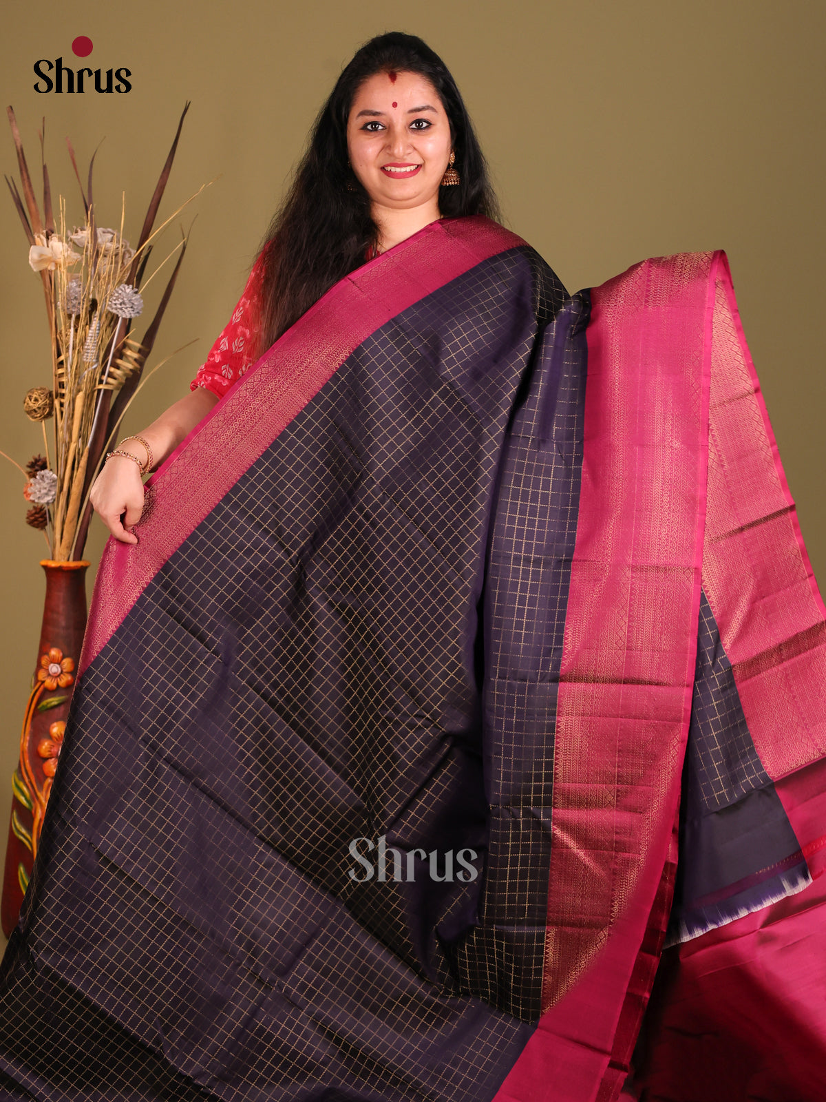 Blue & Maroon Soft Silk Saree with zari checks, brocade border-2