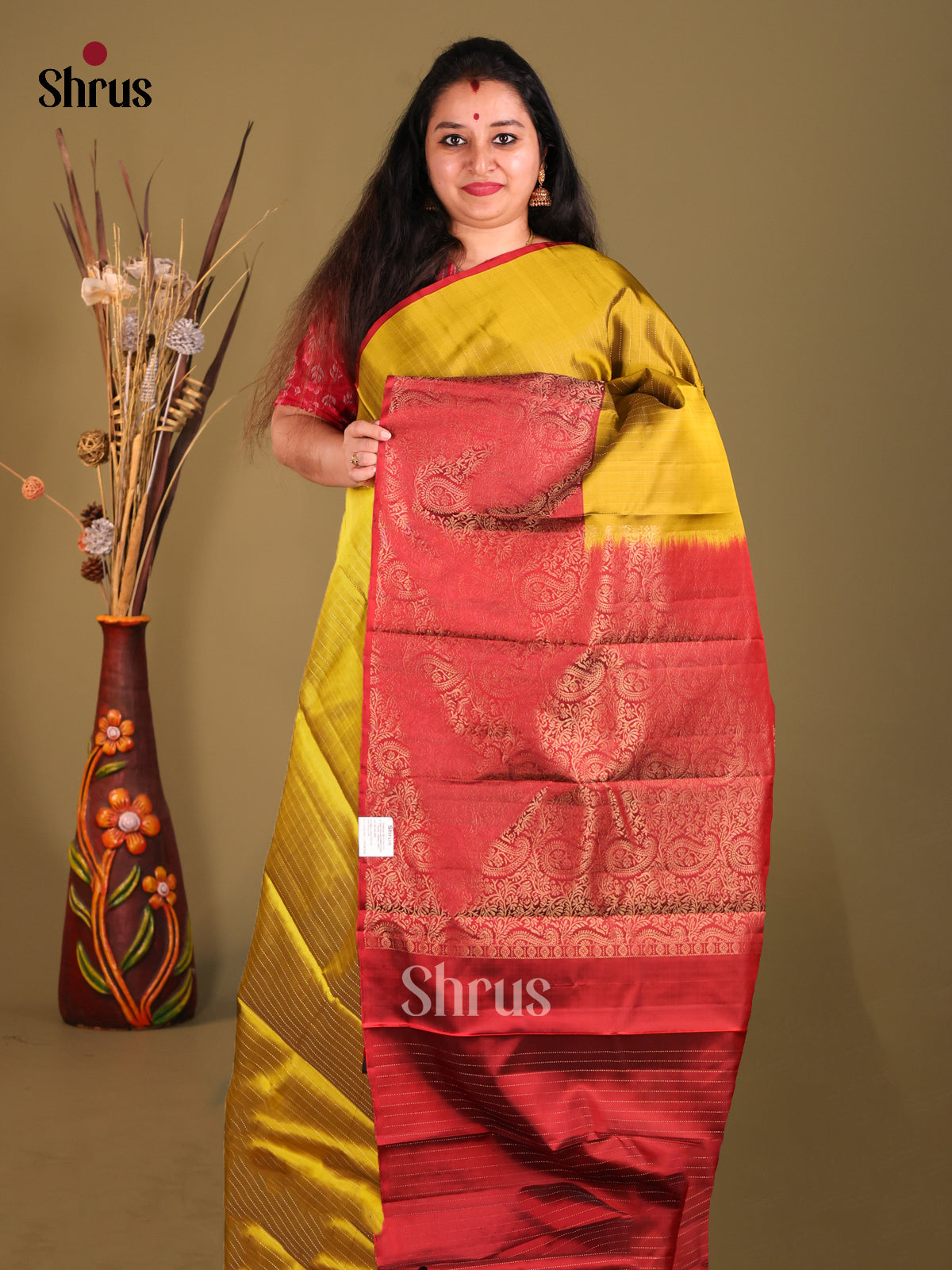 Mustardy Green & Maroon Soft Silk Saree with paisleys brocade pallu-1