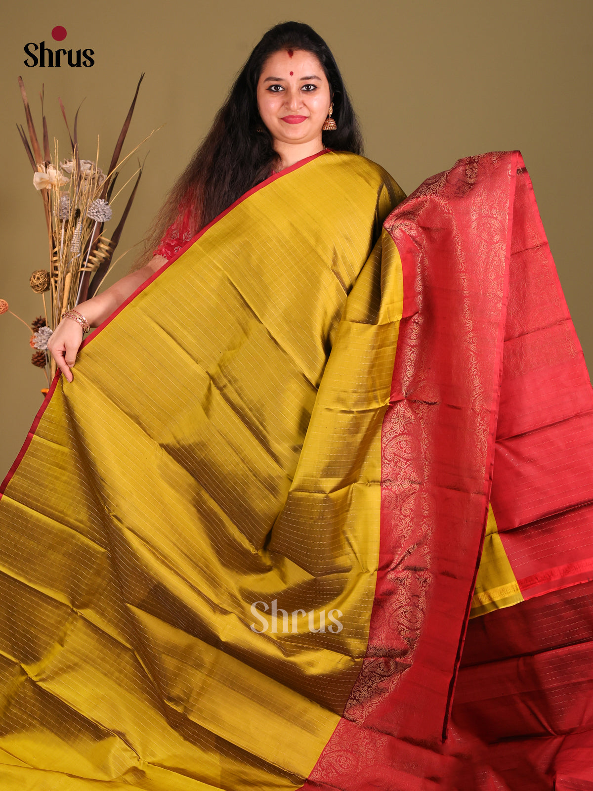 Mustardy Green & Maroon Soft Silk Saree with paisleys brocade pallu-2