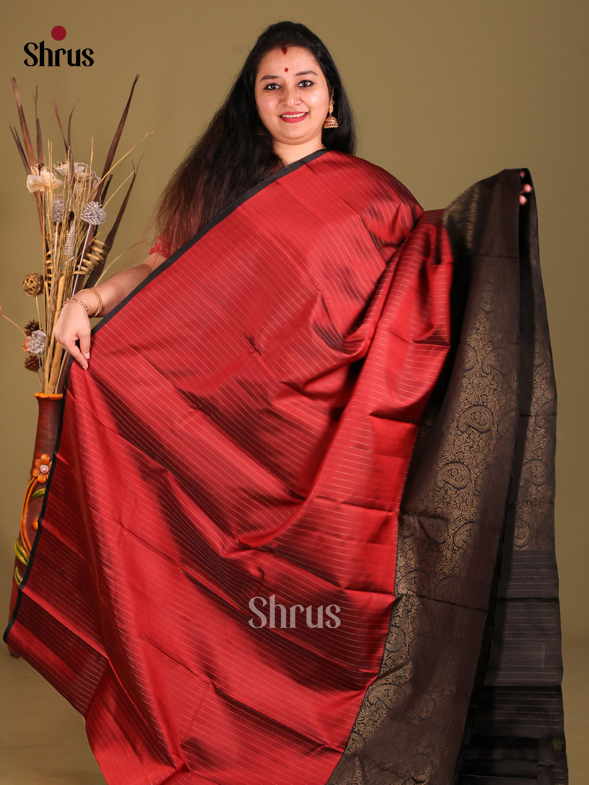 Maroon Red & Black Soft Silk Saree with contrast Paisleys brocade pallu-2