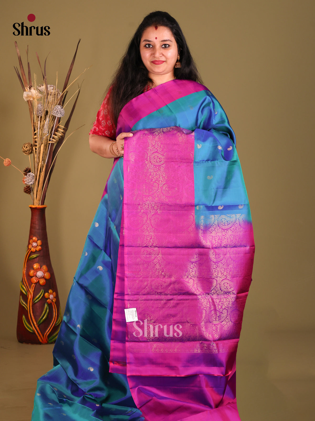 Blue & Majenta Soft Silk Saree with gold zari manga buttas-1