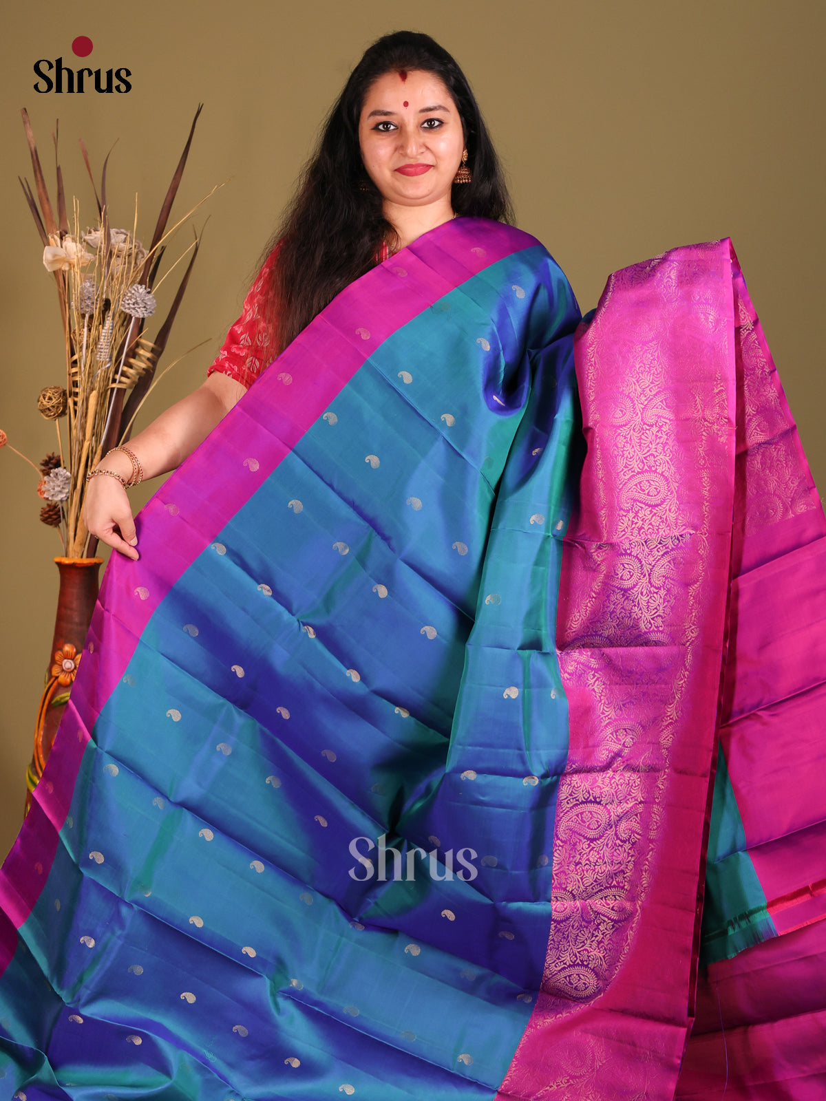 Blue & Majenta Soft Silk Saree with gold zari manga buttas-2