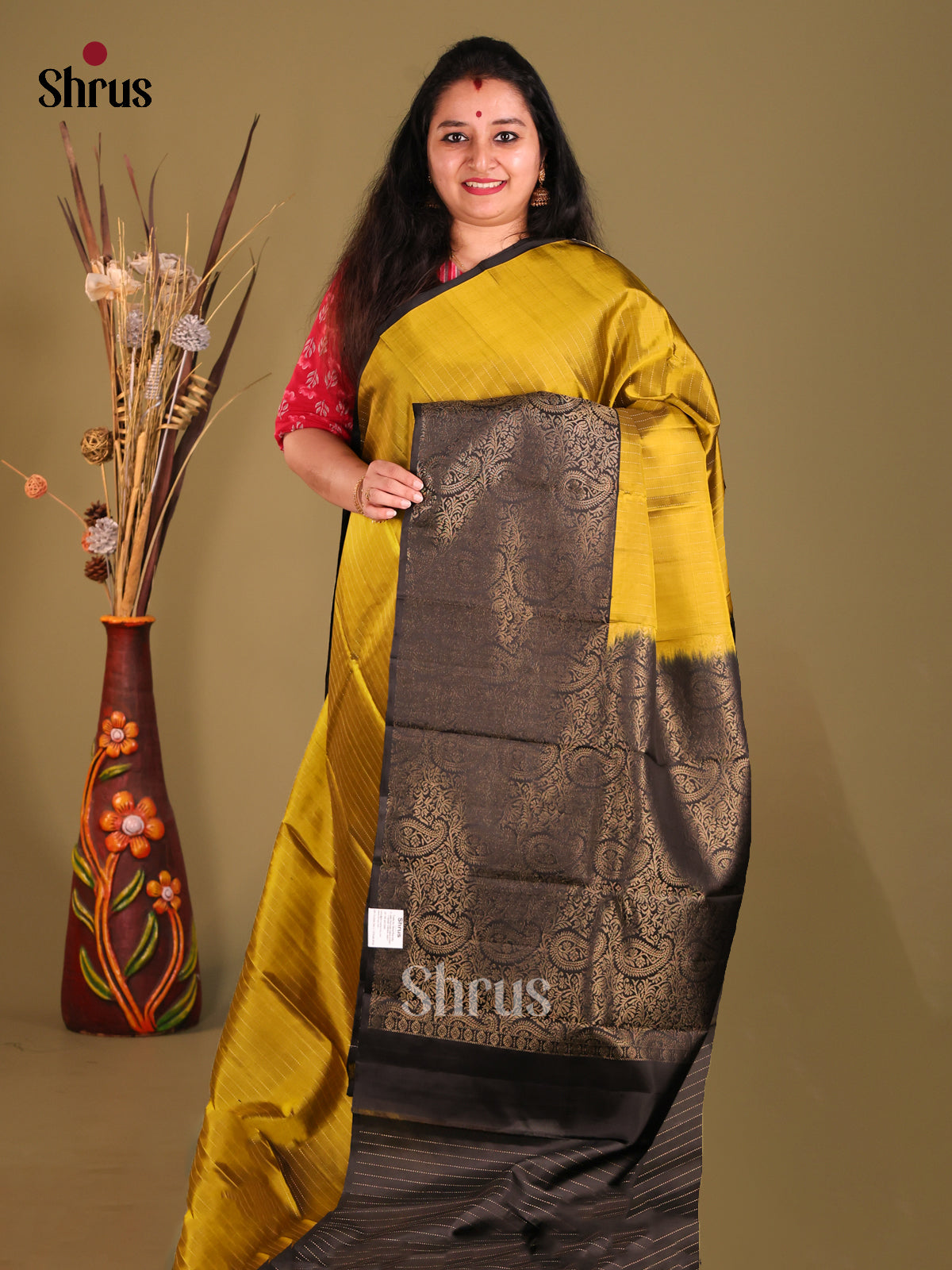 Mustardy Green Soft Silk Saree with contrast pasileys brocade pallu-1