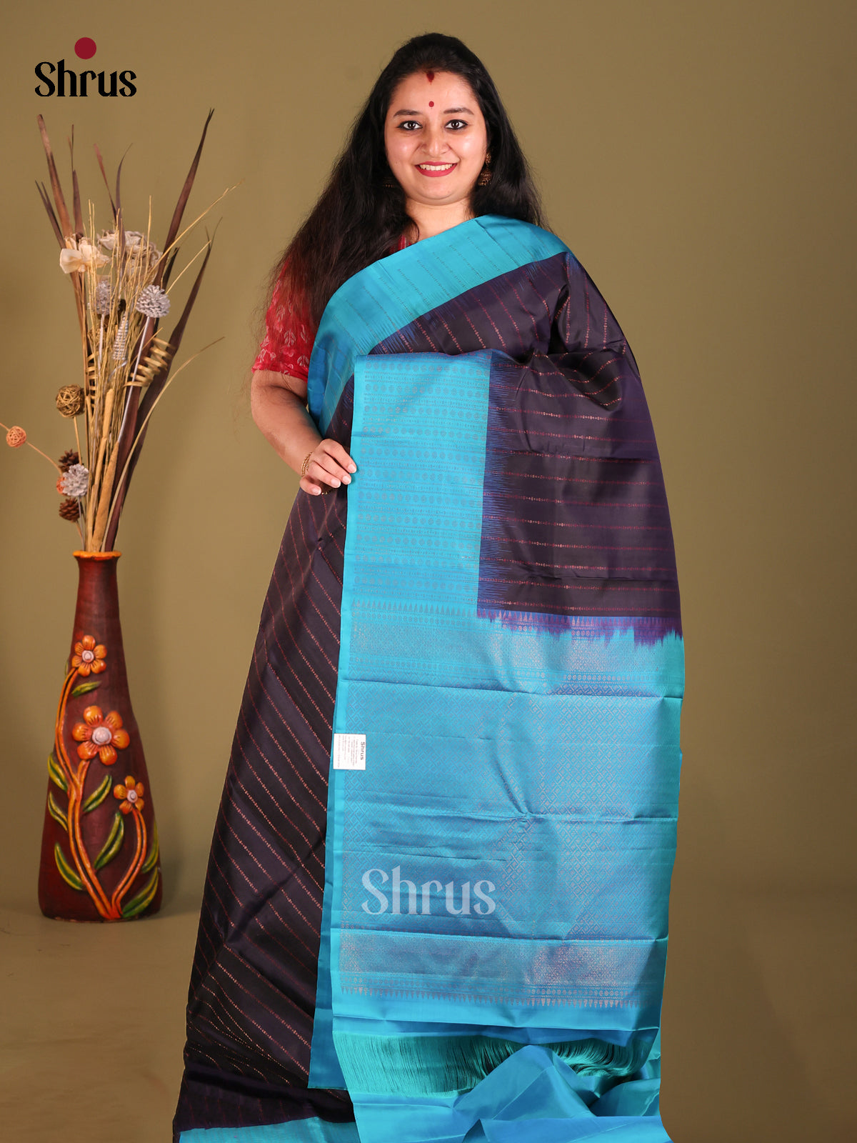 Navy Blue & Blue Soft Silk Saree with thread woven stripes-1