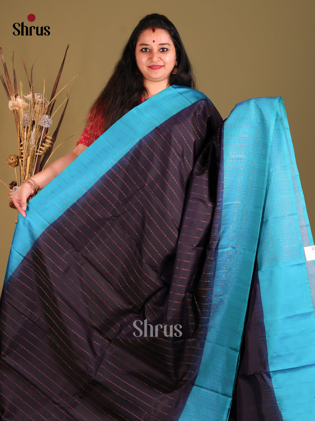 Navy Blue & Blue Soft Silk Saree with thread woven stripes-2