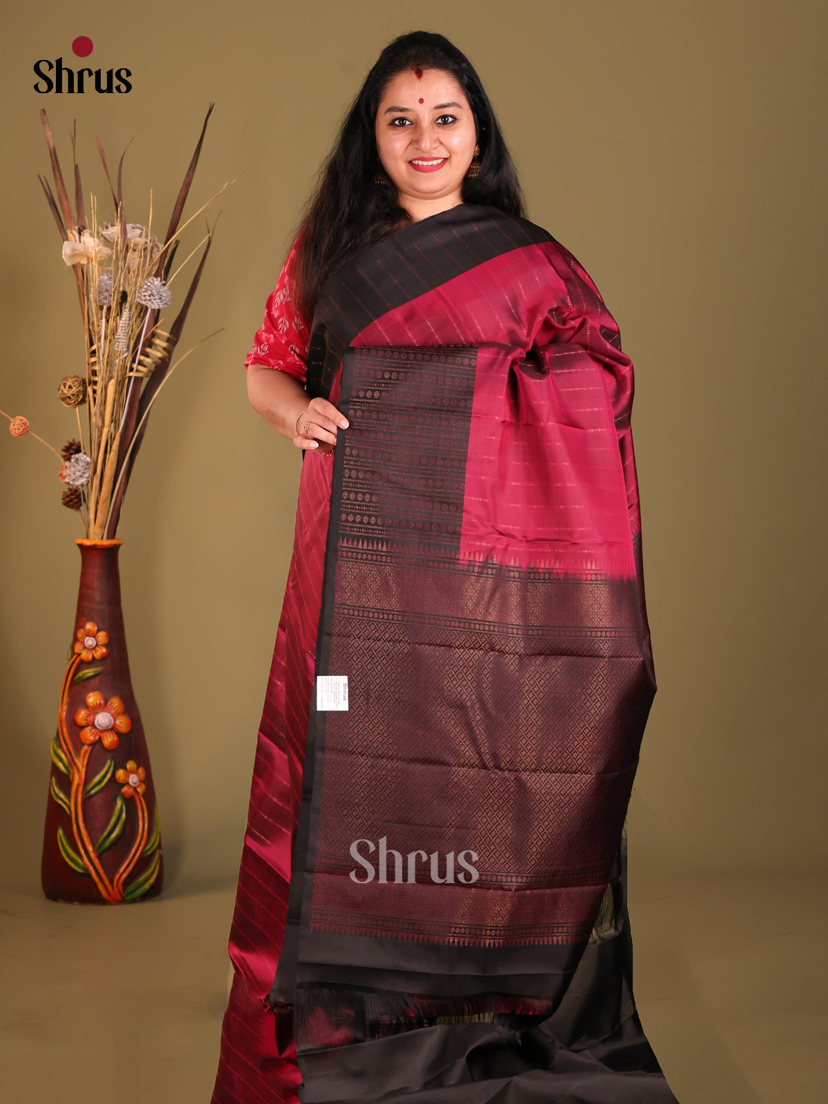 Maroon & Black Soft Silk Saree with contrast thread woven border-1