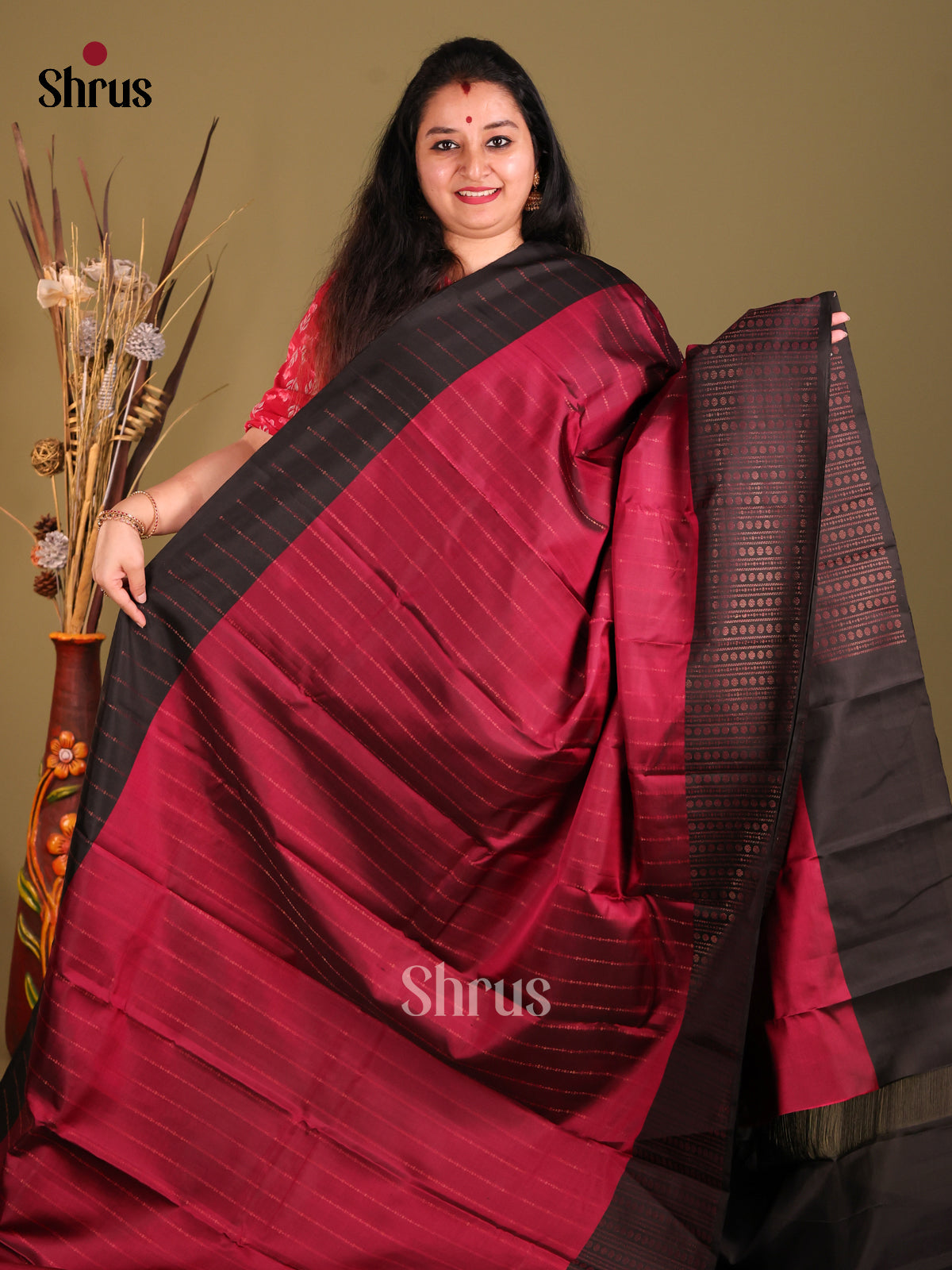 Maroon & Black Soft Silk Saree with contrast thread woven border-2