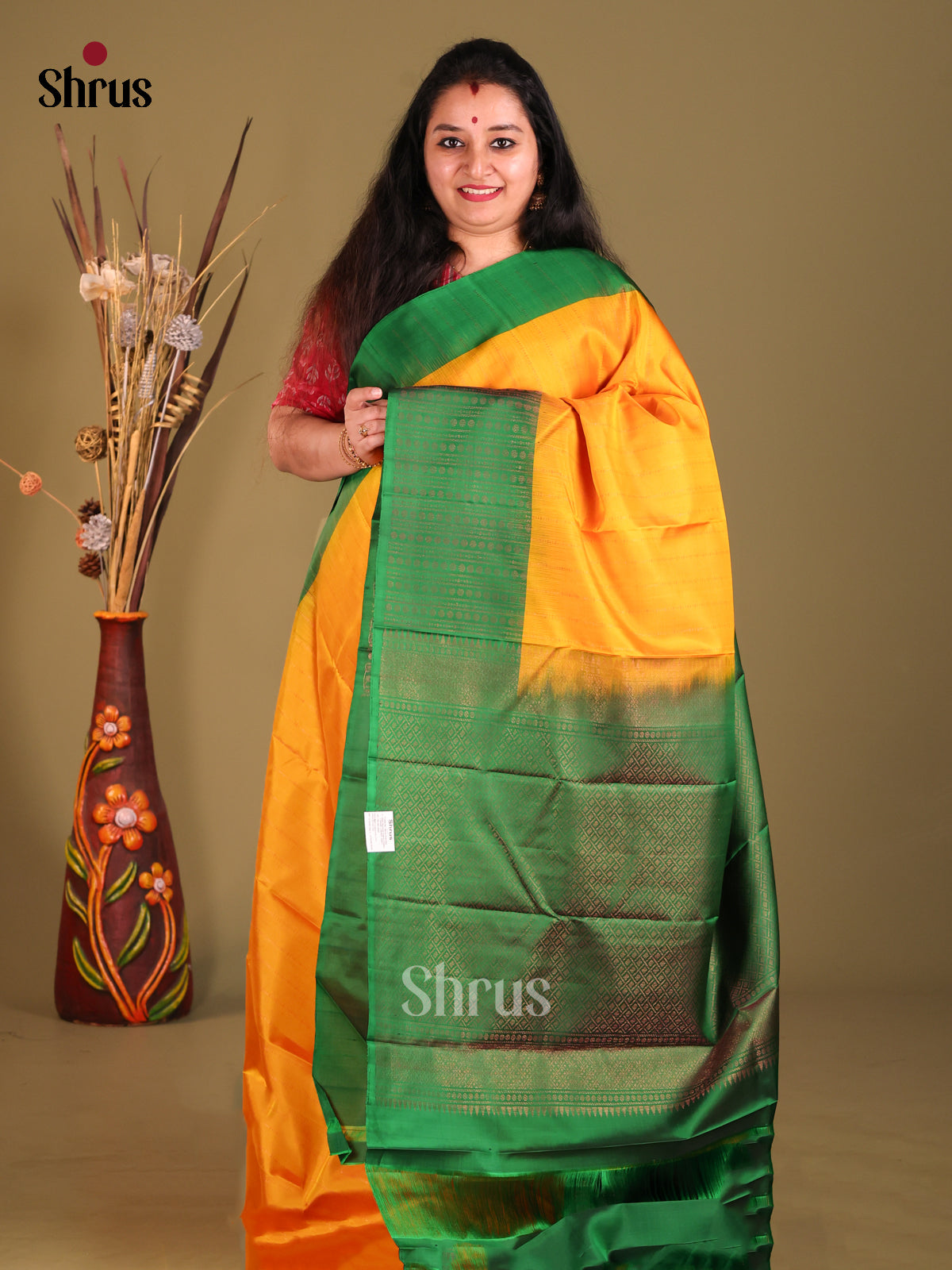 Mustard & Green Soft Silk Saree with zari stripes-1