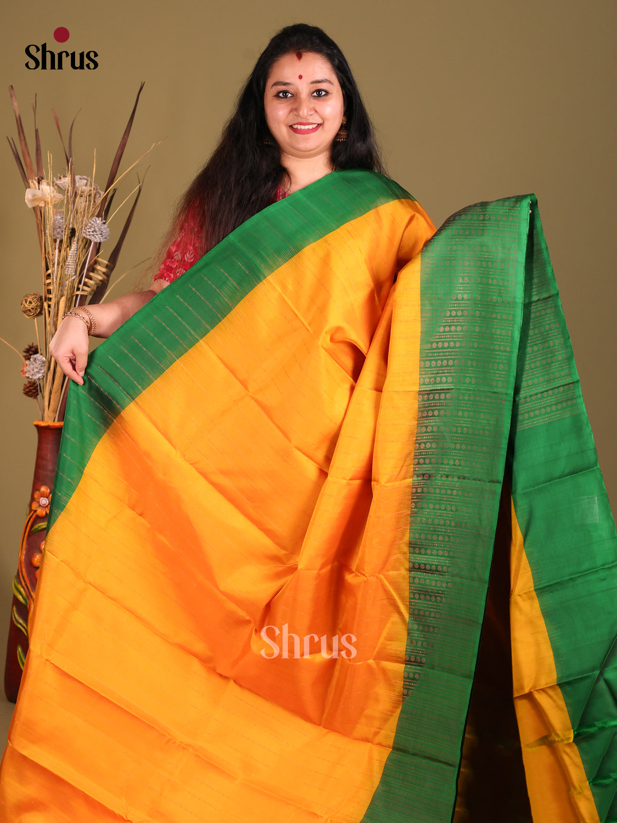 Mustard & Green Soft Silk Saree with zari stripes-2