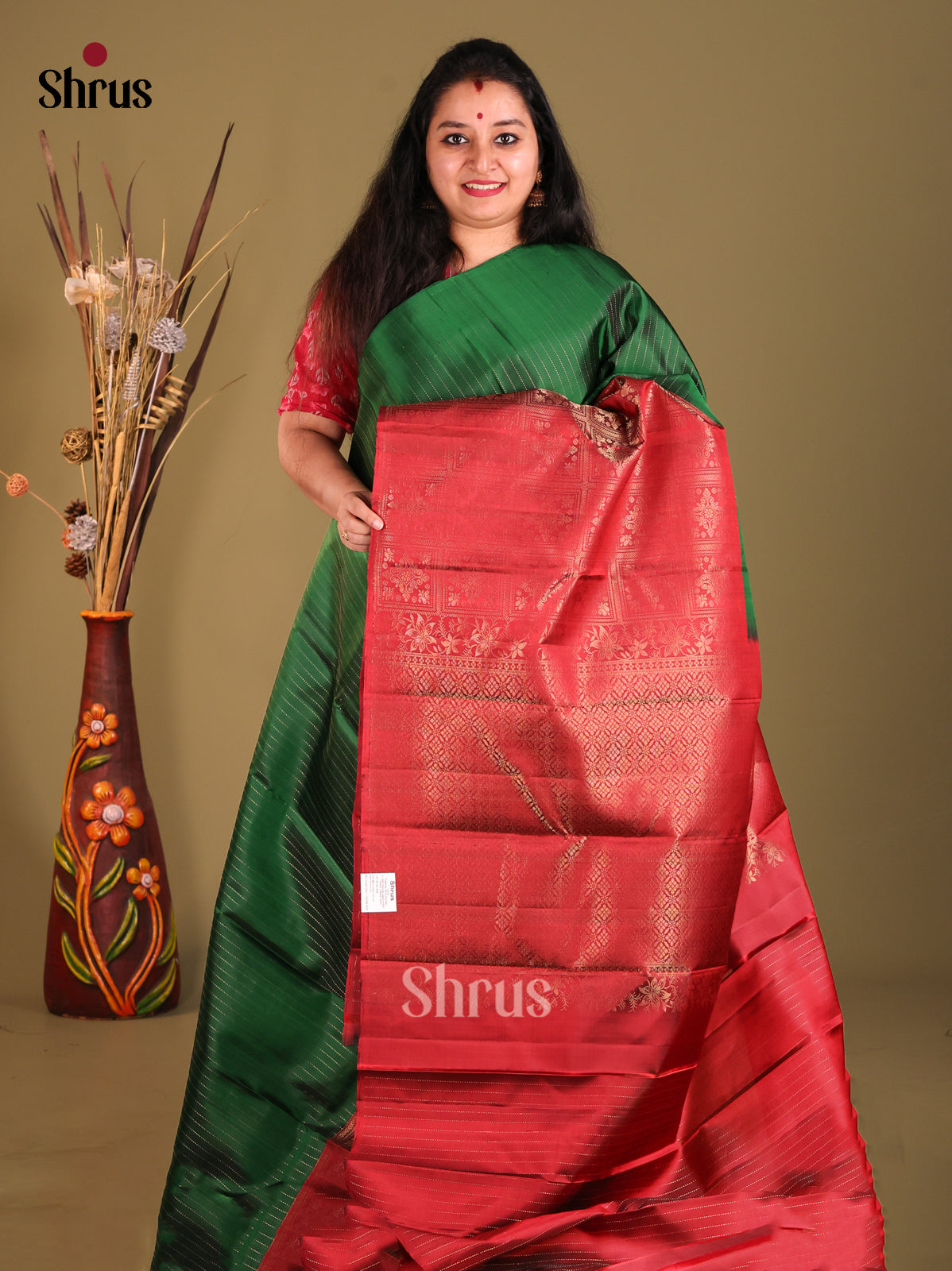 Green & Maroon half & Half Soft Silk Saree with zari stripes, floral brocade-1