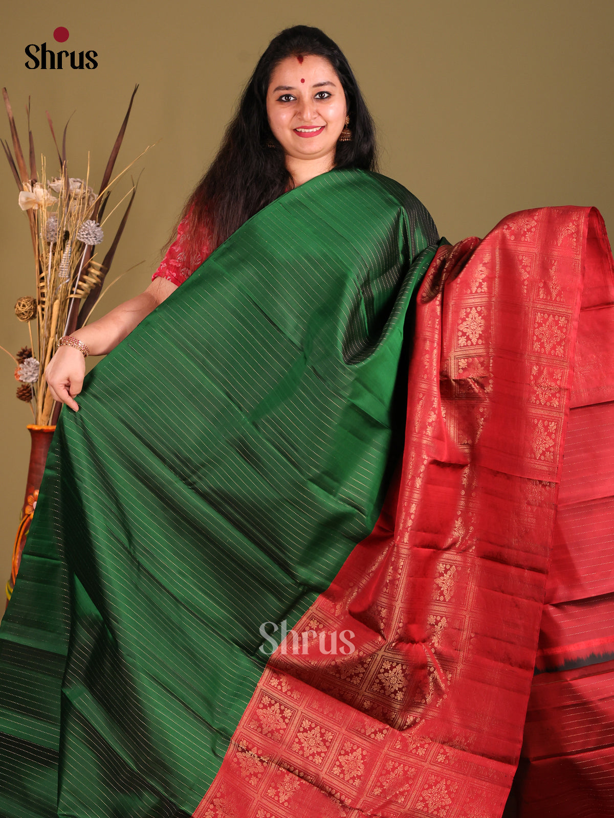 Green & Maroon half & Half Soft Silk Saree with zari stripes, floral brocade-2