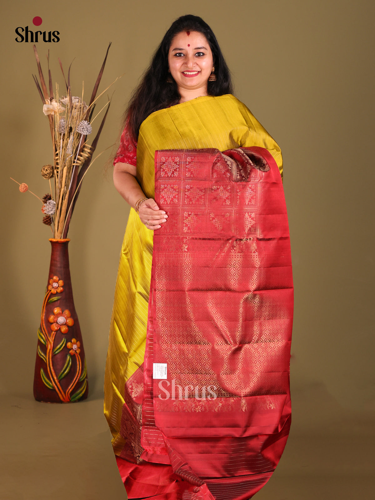 Mustardy Green & Maroon half & Half Soft Silk Saree with zari stripes-1