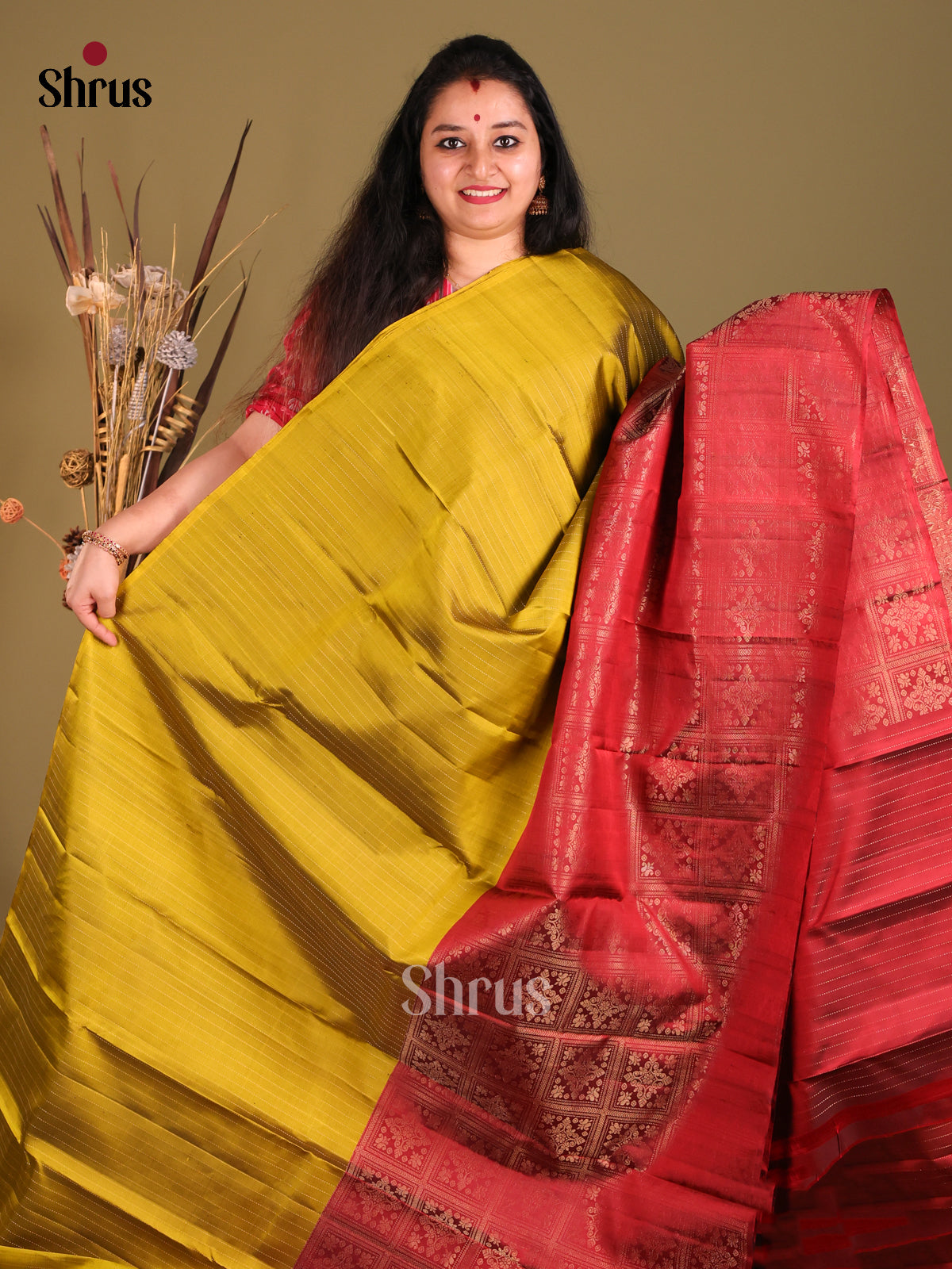 Mustardy Green & Maroon half & Half Soft Silk Saree with zari stripes-2