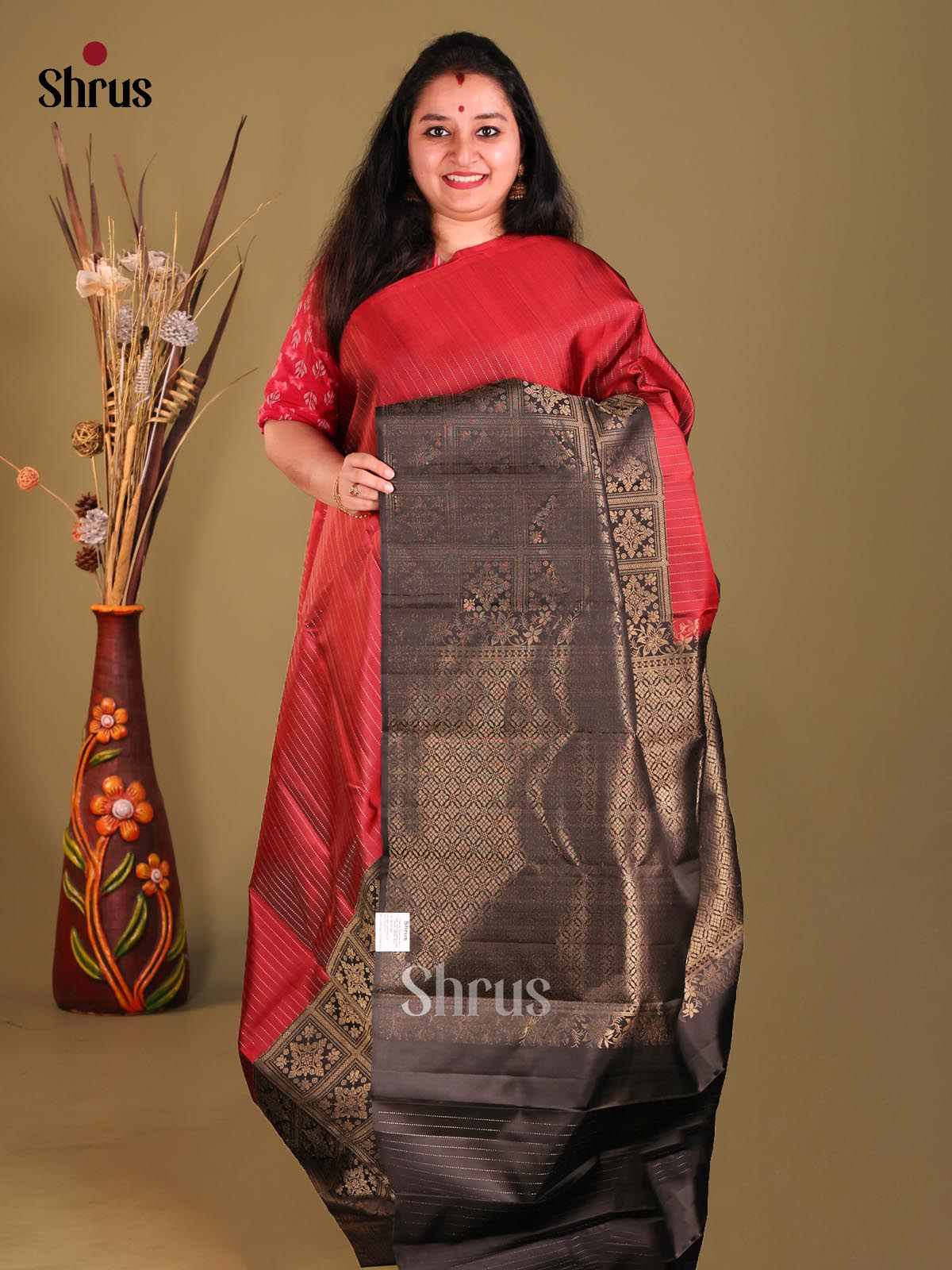 Maroon & Black half & Half Soft Silk Saree with zari stipes-1