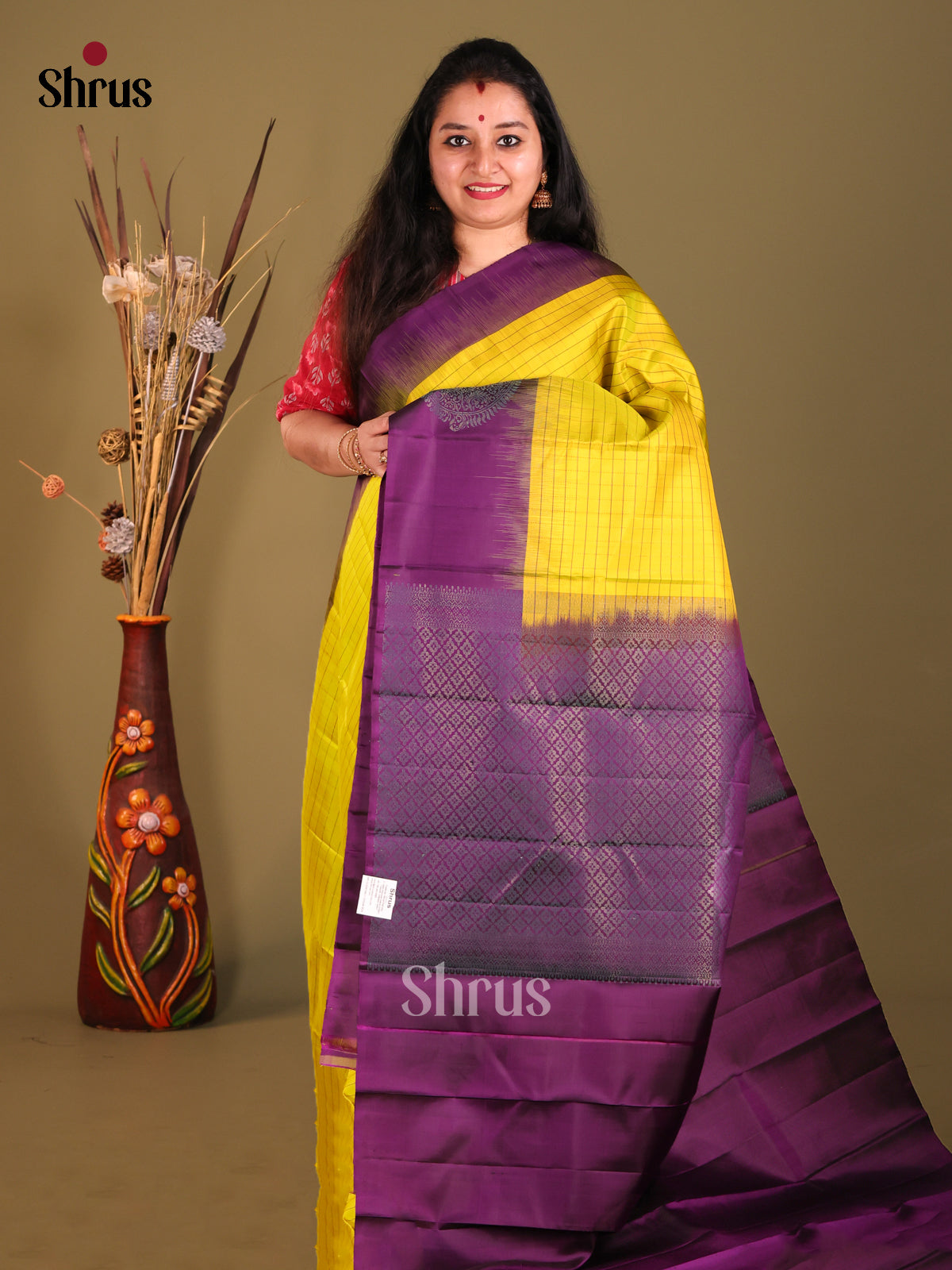Yellow & Violet Soft Silk Saree with stripes pattern-1