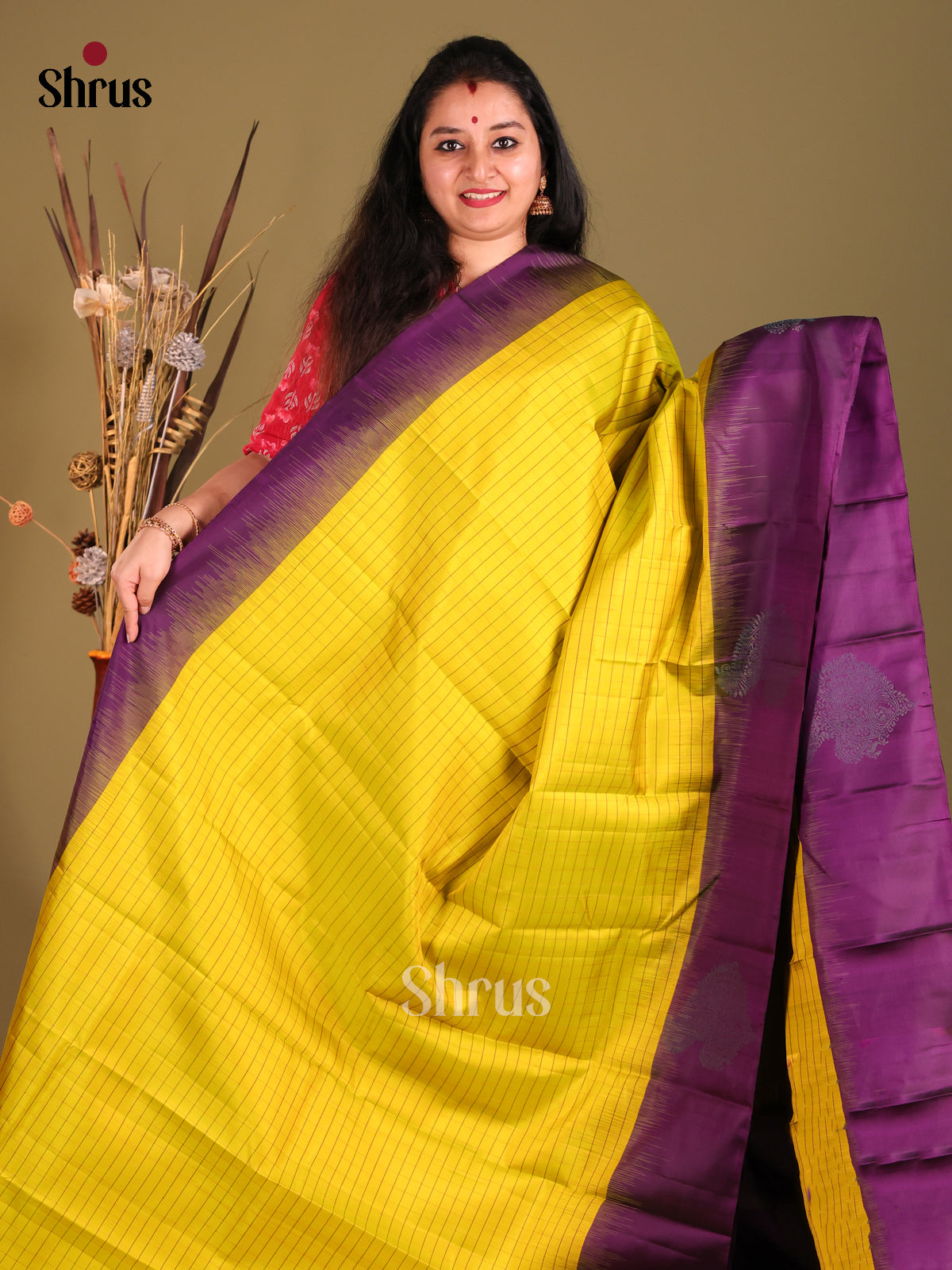 Yellow & Violet Soft Silk Saree with stripes pattern-2