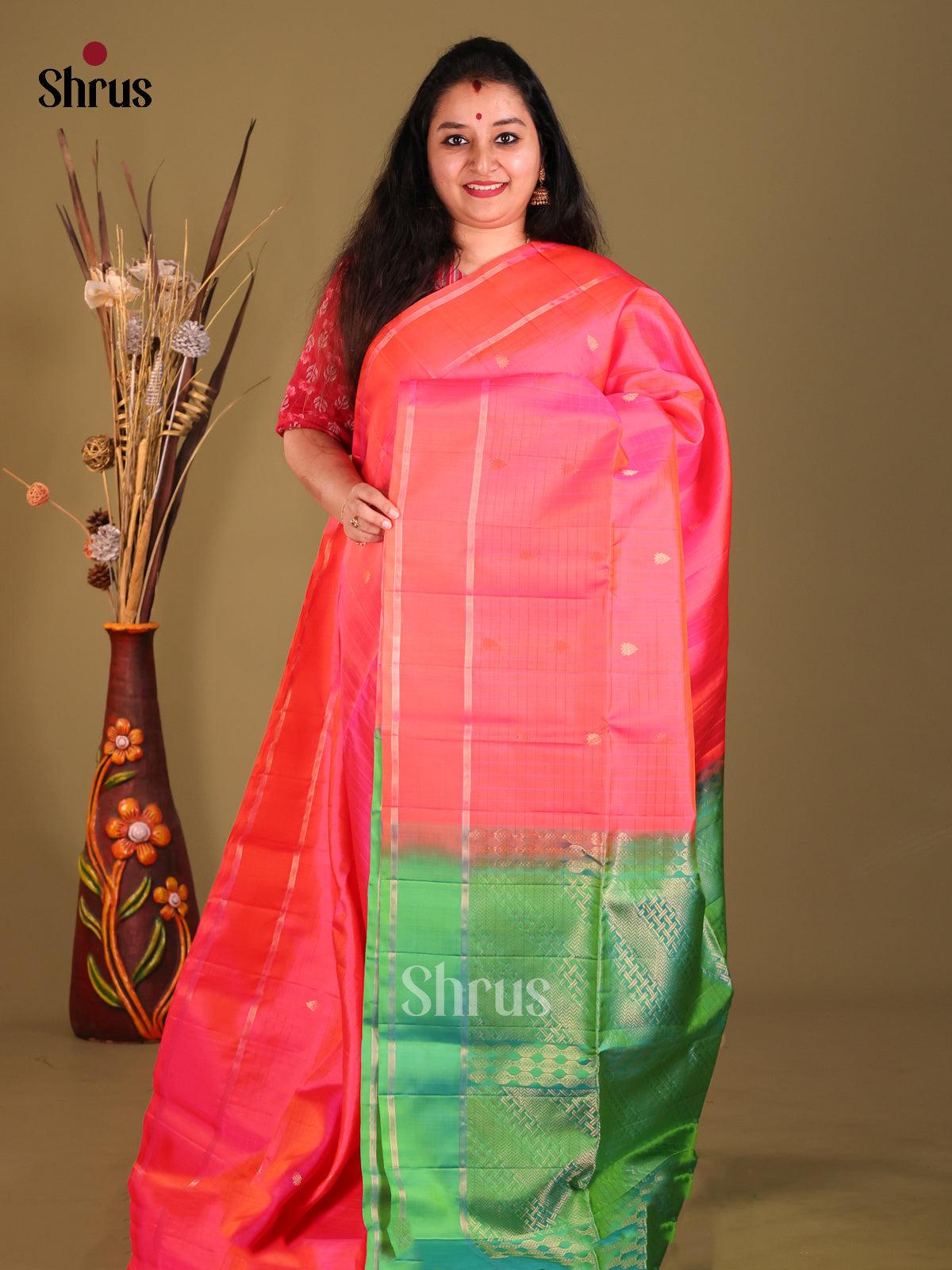 Orangish Pink & Green Soft Silk Saree with zari micro buttas-1