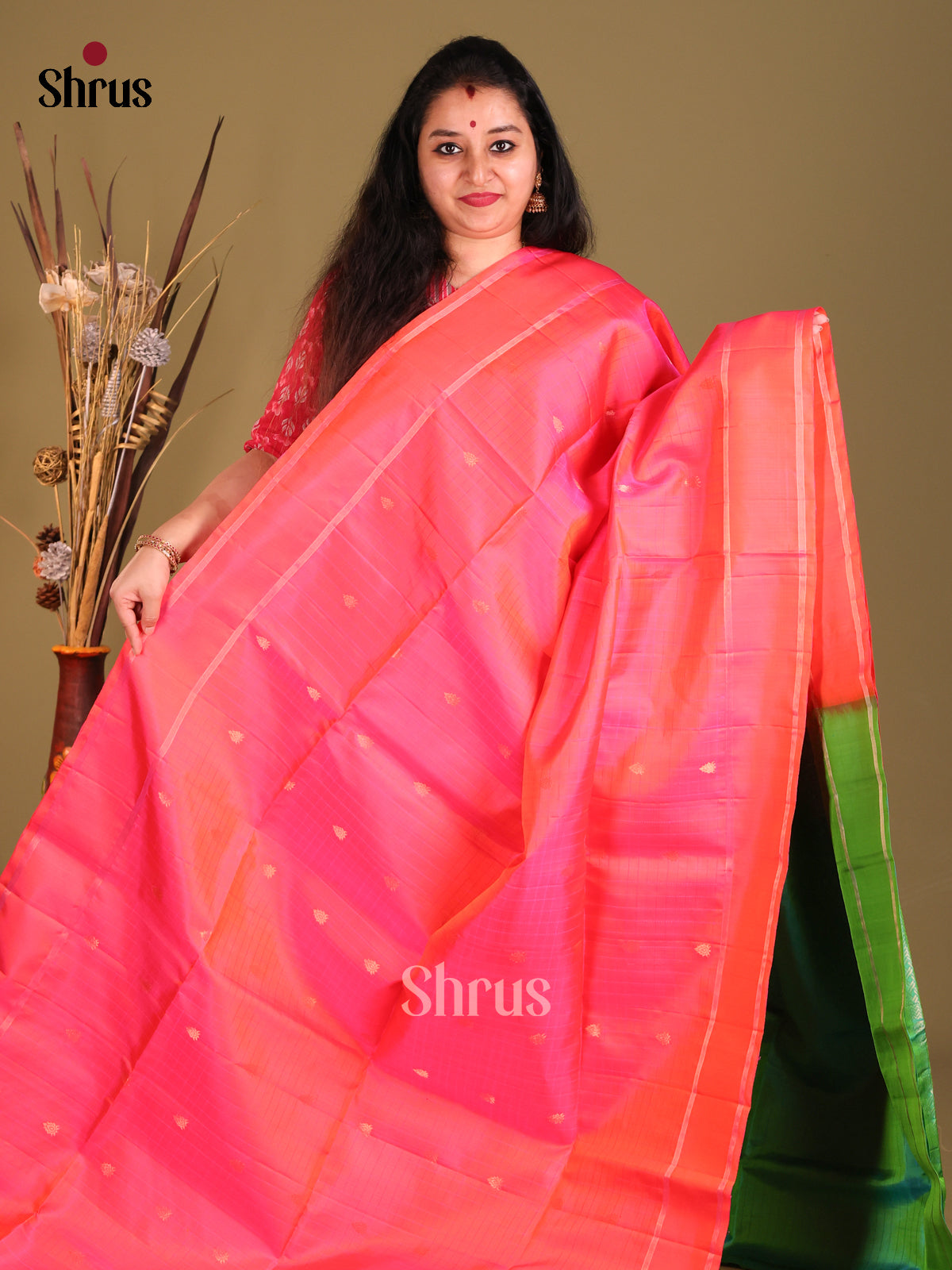 Orangish Pink & Green Soft Silk Saree with zari micro buttas-2