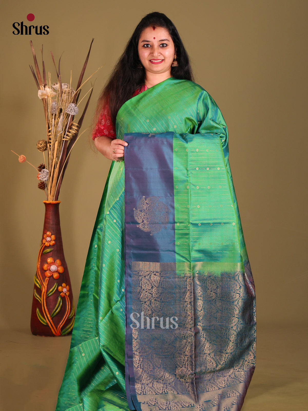 Green & Blue Soft Silk Saree with zari brocade pallu-1