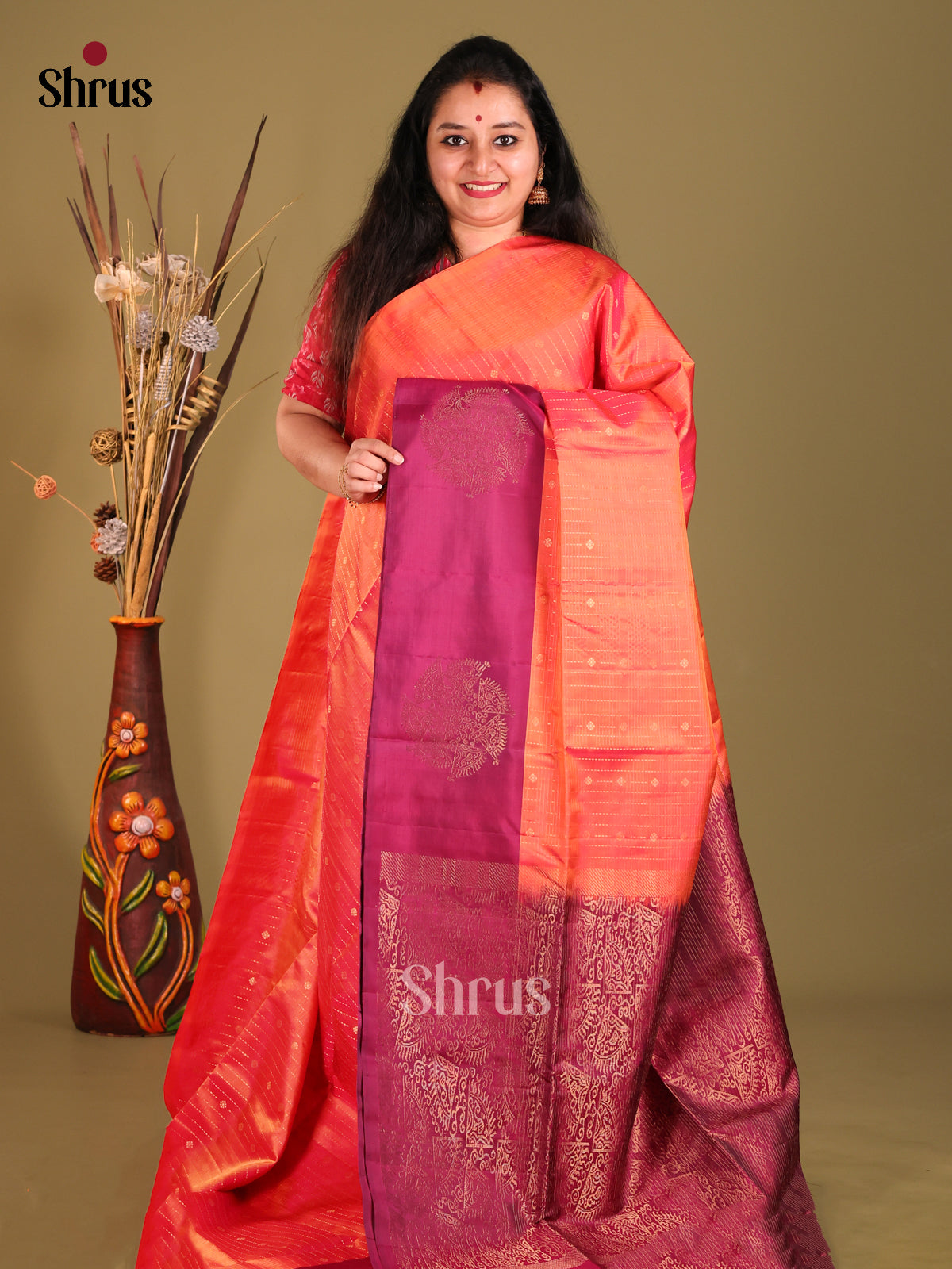 Orangish Pink & Maroon Soft Silk Saree gleams with zari stripes, buttas-1
