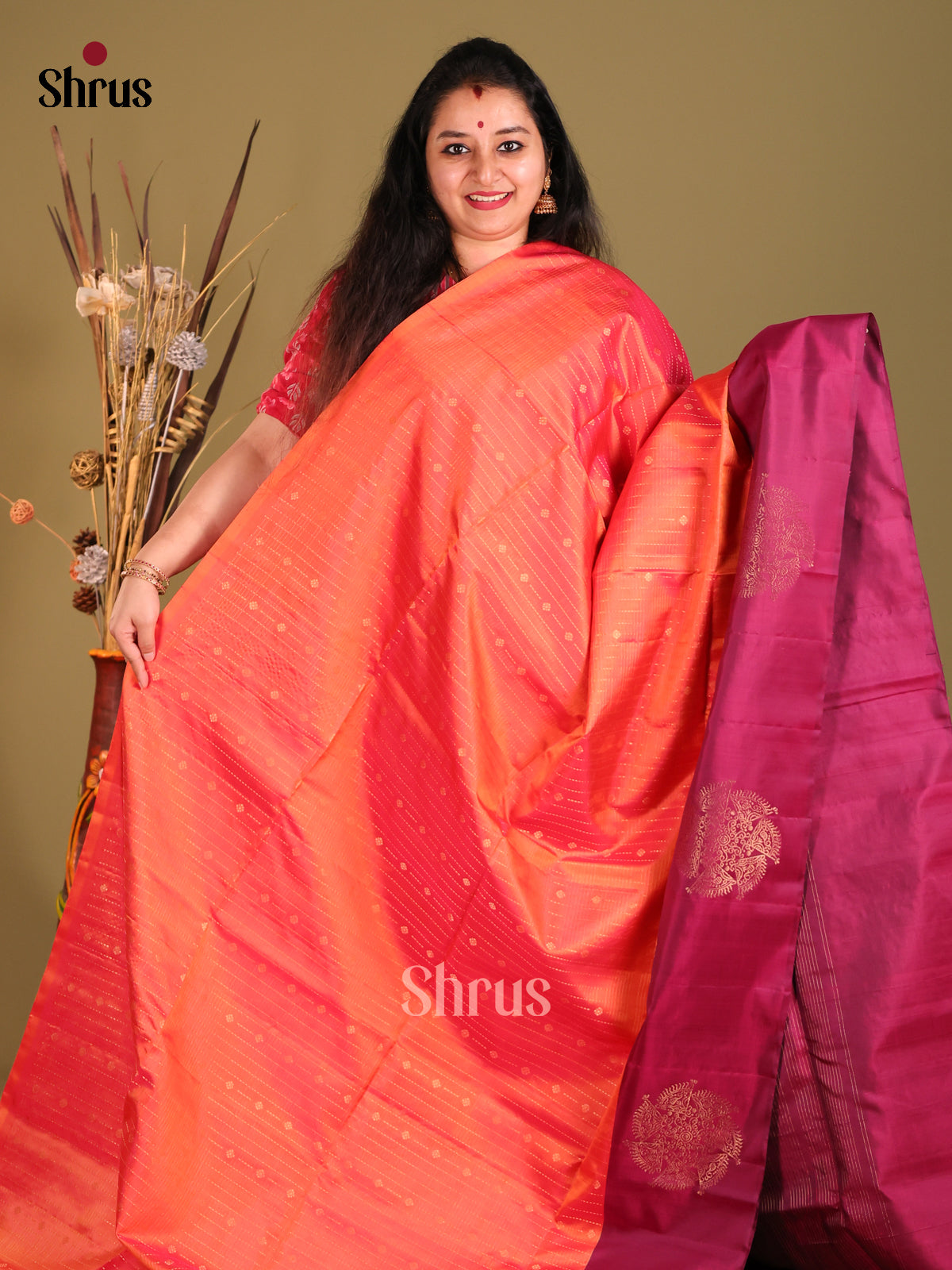 Orangish Pink & Maroon Soft Silk Saree gleams with zari stripes, buttas-2