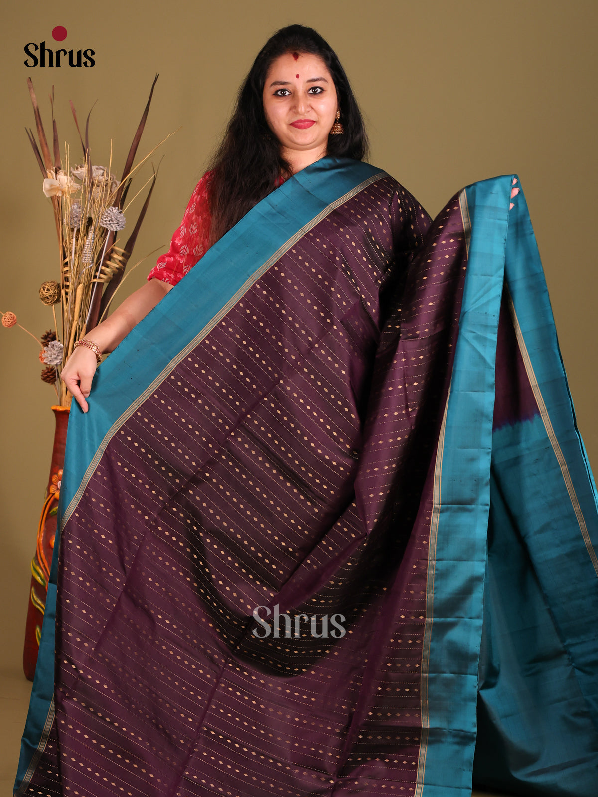 Jamun & Blue Soft Silk Saree gleams with zari stripes-2