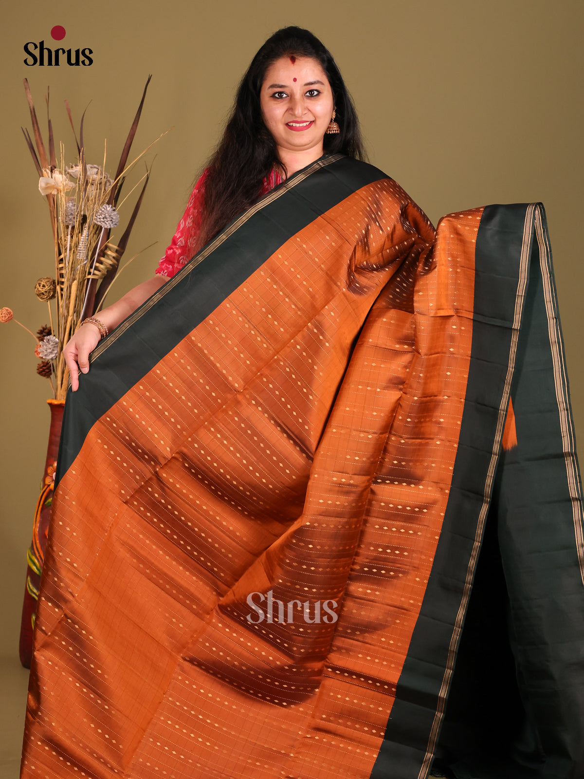 Rust & Green Soft Silk Saree with contrast zari woven pallu-2