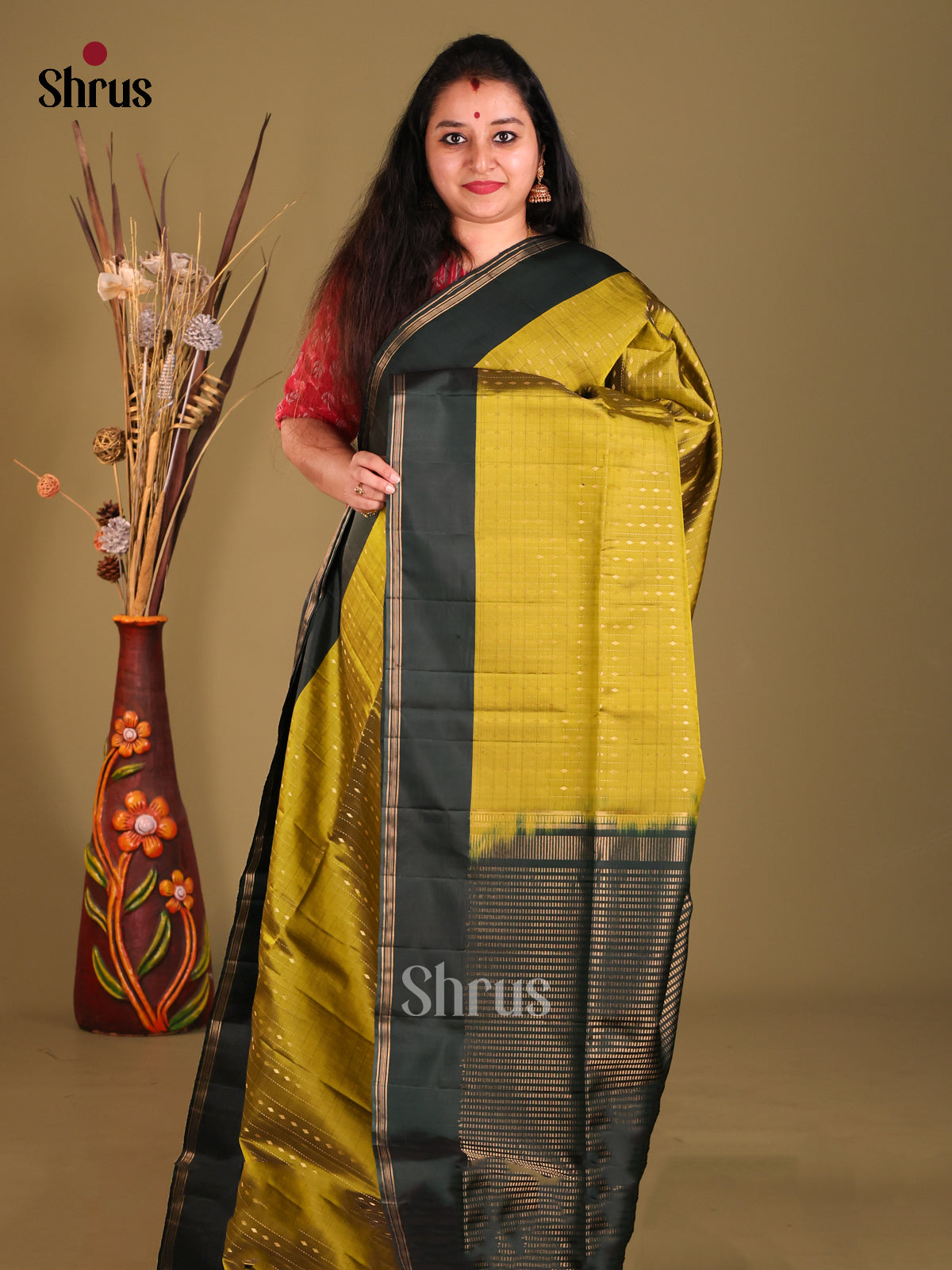 Mustard Green & Green Soft Silk Saree with zari stripes , buttas-1