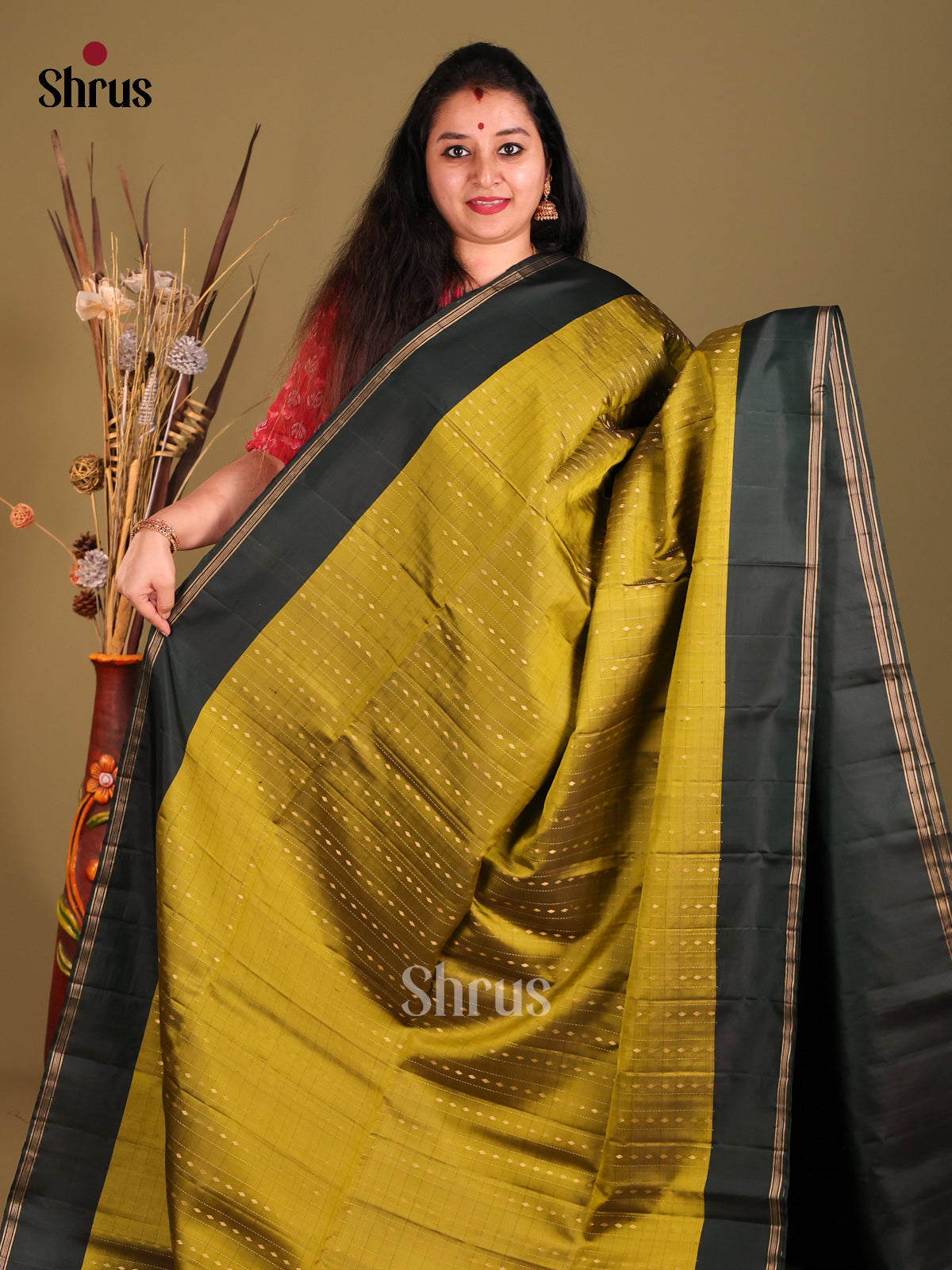 Mustard Green & Green Soft Silk Saree with zari stripes , buttas-2