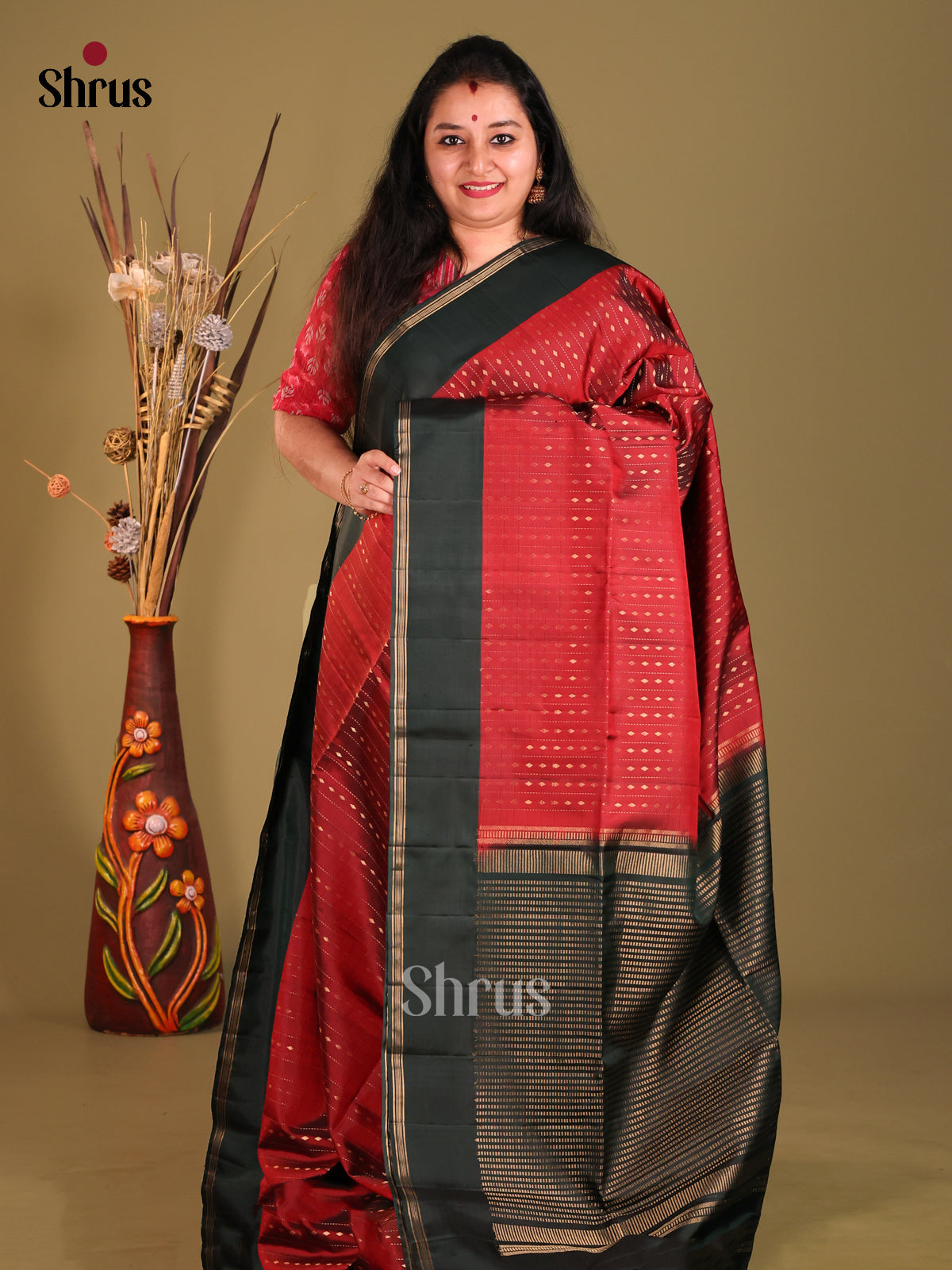 Maroon & Dark Green Soft Silk Saree gleams with zari stripes, buttas-1