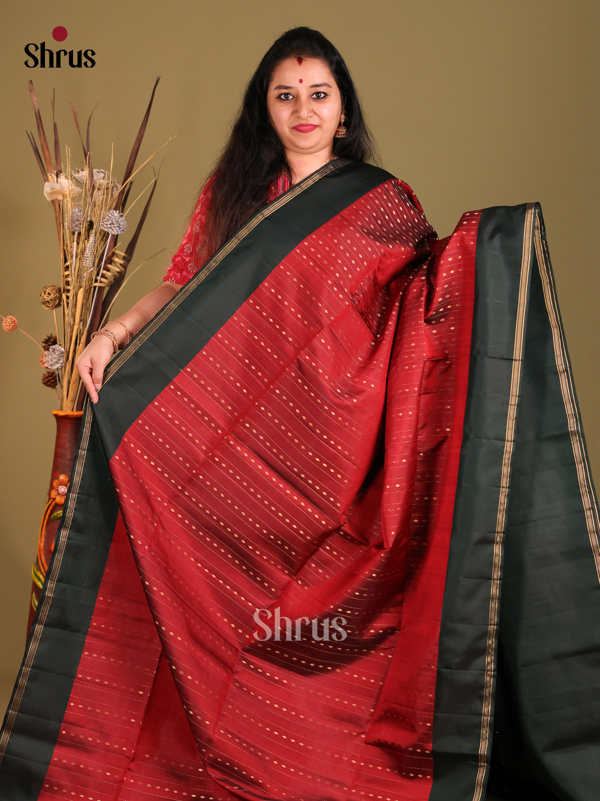 Maroon & Dark Green Soft Silk Saree gleams with zari stripes, buttas-2