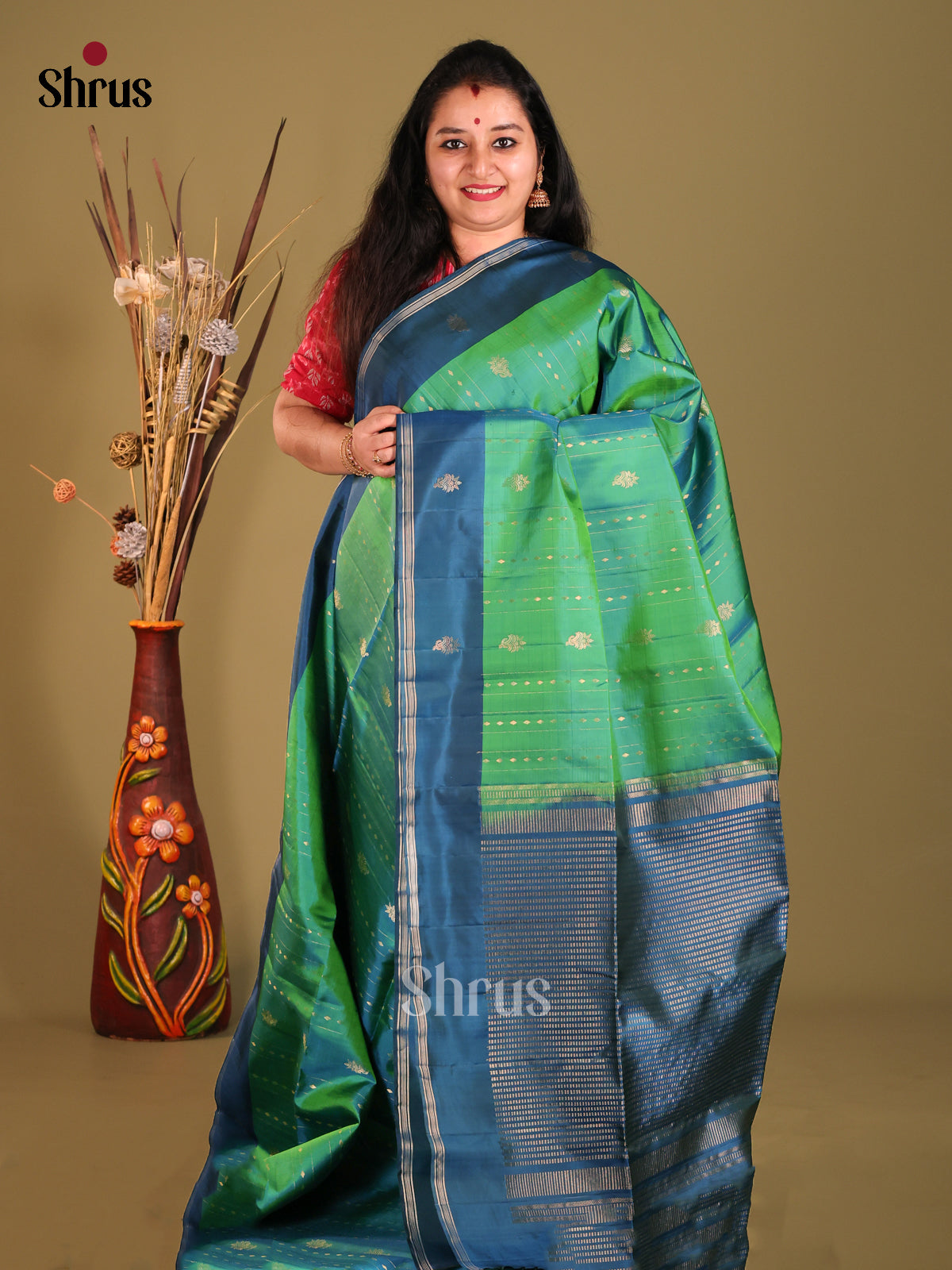 Green & Blue Soft Silk Saree with zari buttas , Stripes - Shop on Shrus.com