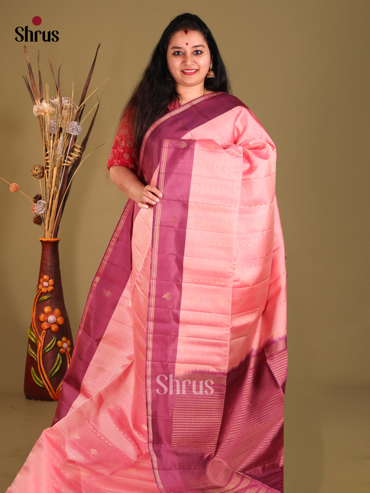 Pink & Purple Soft Silk Saree gleams with gold zari buttas-1