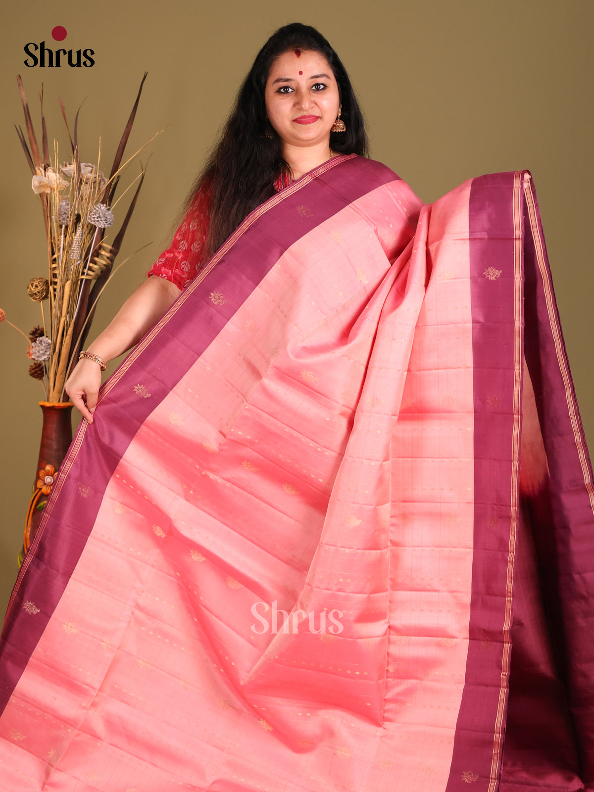 Pink & Purple Soft Silk Saree gleams with gold zari buttas-2
