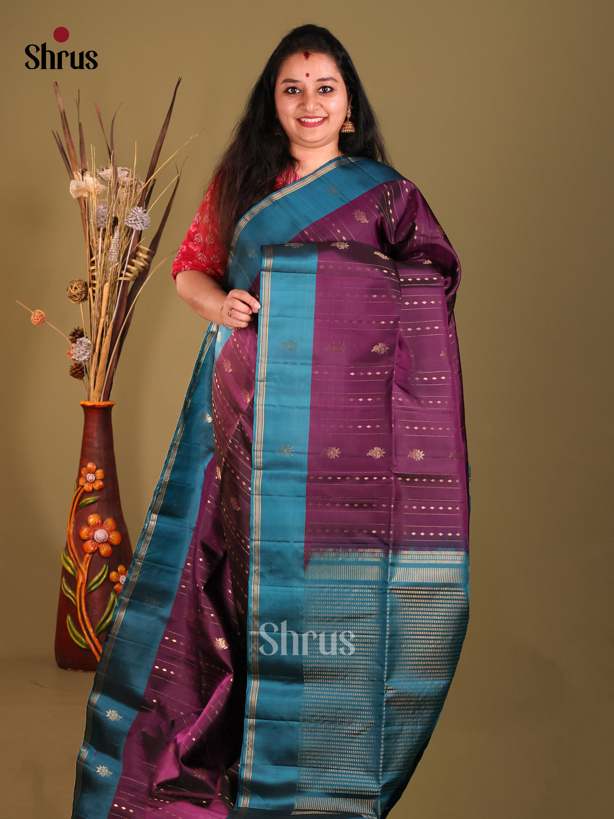 Jamun & Blue Soft Silk Saree with zari stripes, buttas-1