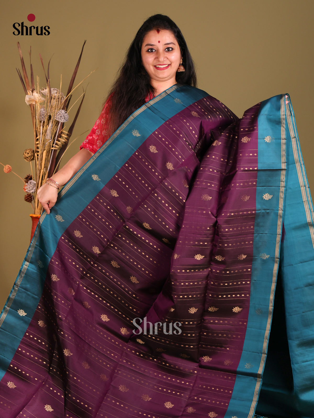 Jamun & Blue Soft Silk Saree with zari stripes, buttas-2
