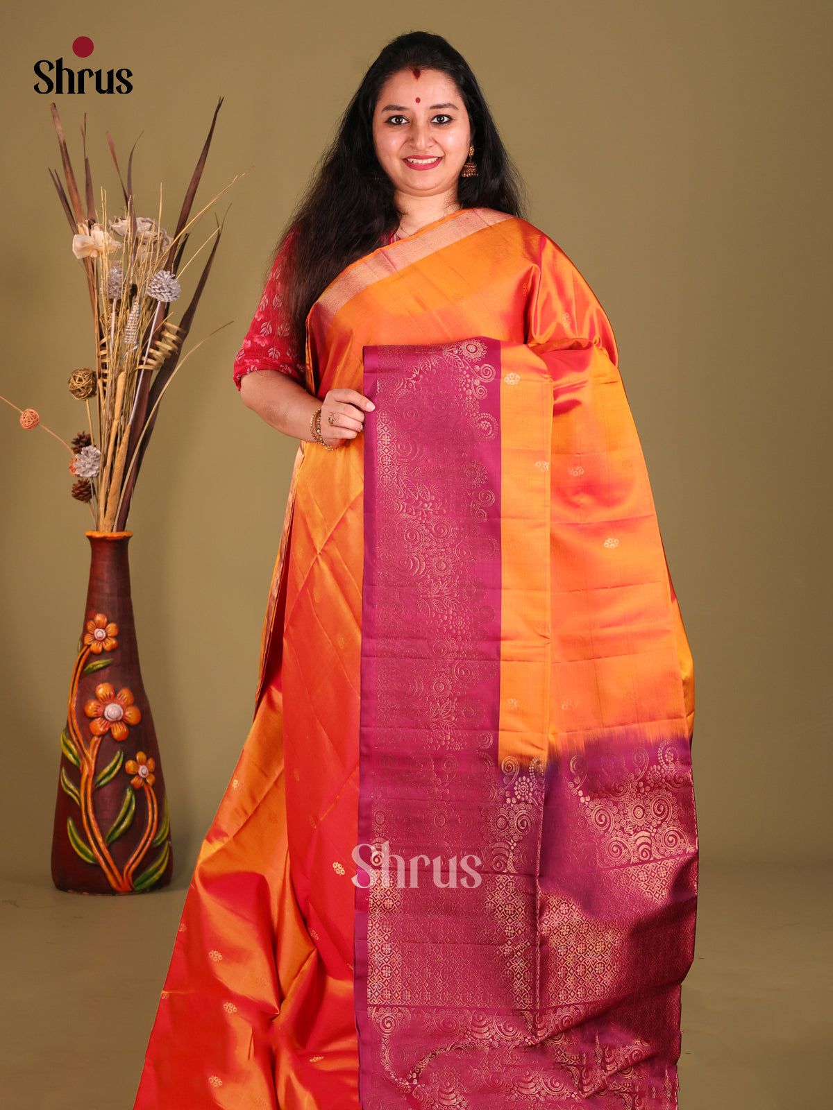 Orange & Maroon Soft Silk Saree with contrast Zari brocade Pallu - Shop on Shrus.com