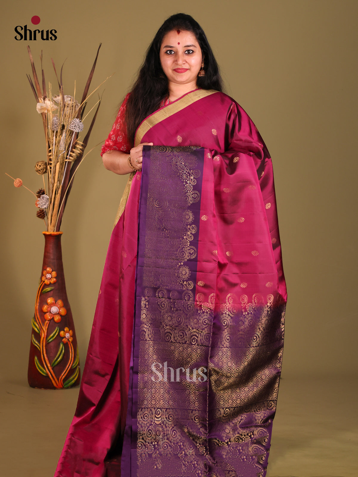 Wine & Violet Soft Silk Saree with zari floral buttas & Contrast Border - Shop on Shrus.com