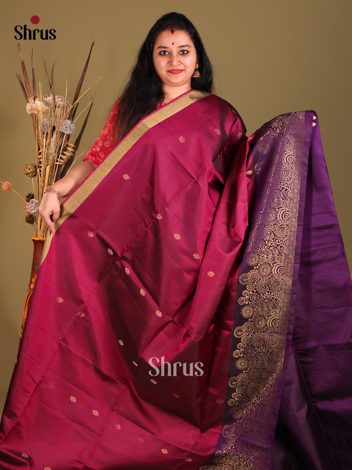 Wine & Violet Soft Silk Saree with zari floral buttas & Contrast Border - Shop on Shrus.com